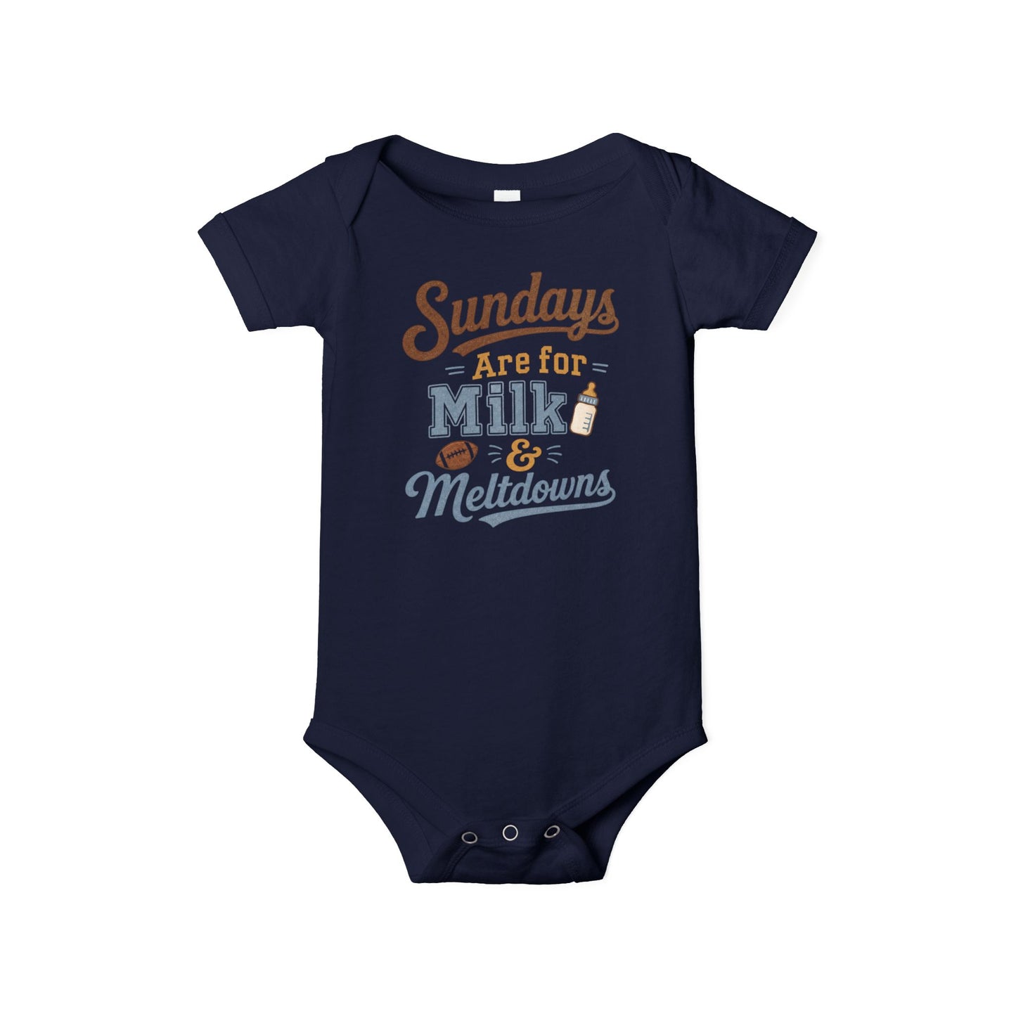 Bella + Canvas 100B infant one piece in Navy featuring the phrase "Sundays Are for Milk & Meltdowns" with a football and baby bottle graphic. Soft football-themed baby bodysuit perfect for newborns, infants, baby's first football season, Sunday football, game days, baby showers, and sports-loving families.