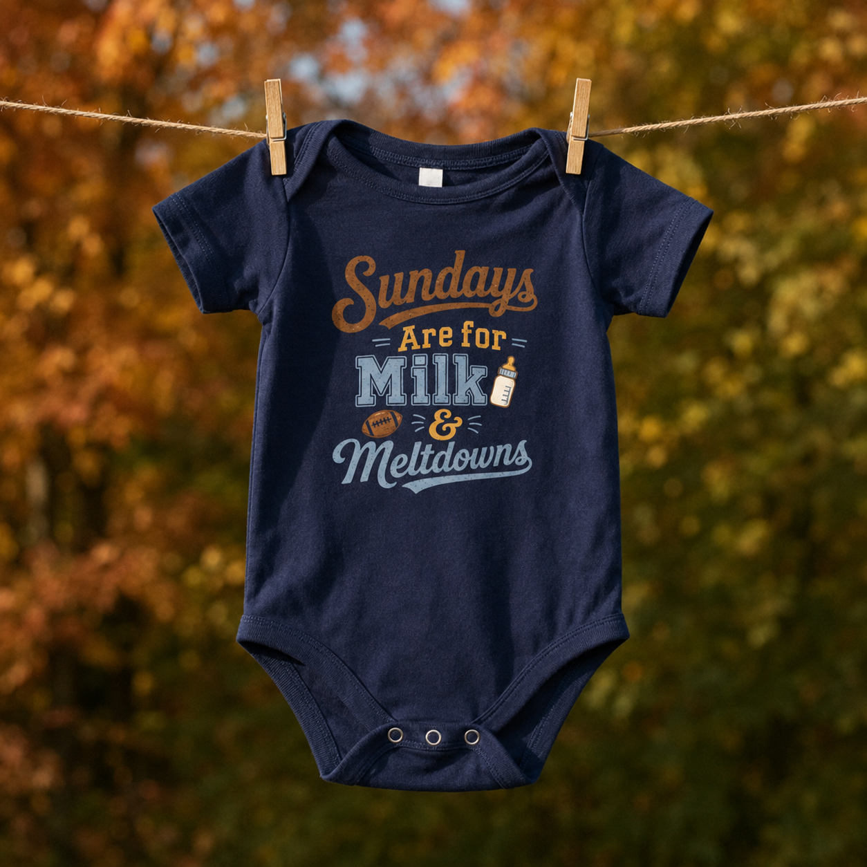 Bella + Canvas 100B infant one piece in Navy featuring the phrase "Sundays Are for Milk & Meltdowns" with a football and baby bottle graphic. Soft football-themed baby bodysuit hanging on a clothesline with a fall background, perfect for newborns, infants, baby's first football season, Sunday game days, tailgates, baby showers, and sports-loving families.