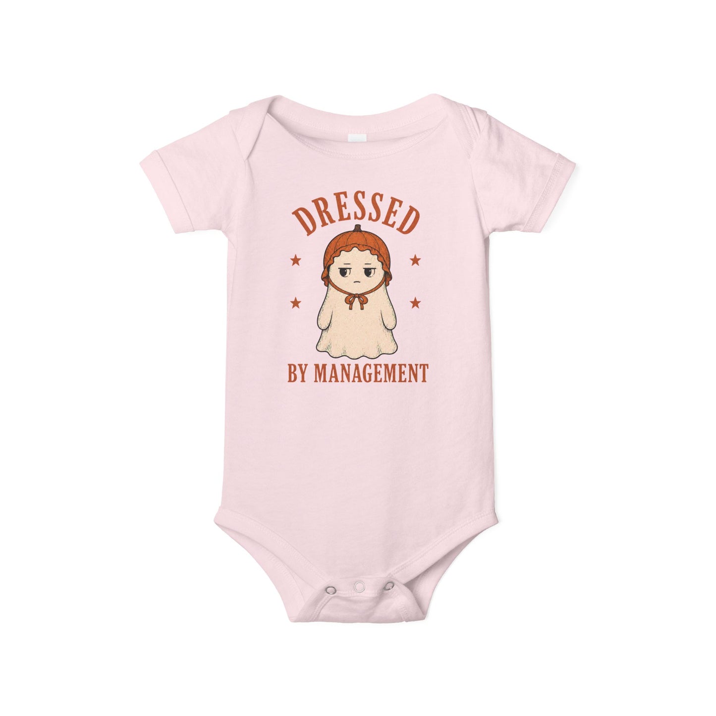 Bella + Canvas 100B infant one piece in Pink featuring a cute ghost wearing a pumpkin bonnet with the phrase "Dressed by Management." Cozy Halloween baby bodysuit perfect for newborns, infants, baby's first Halloween, pumpkin patch visits, fall photos, and spooky season outfits.