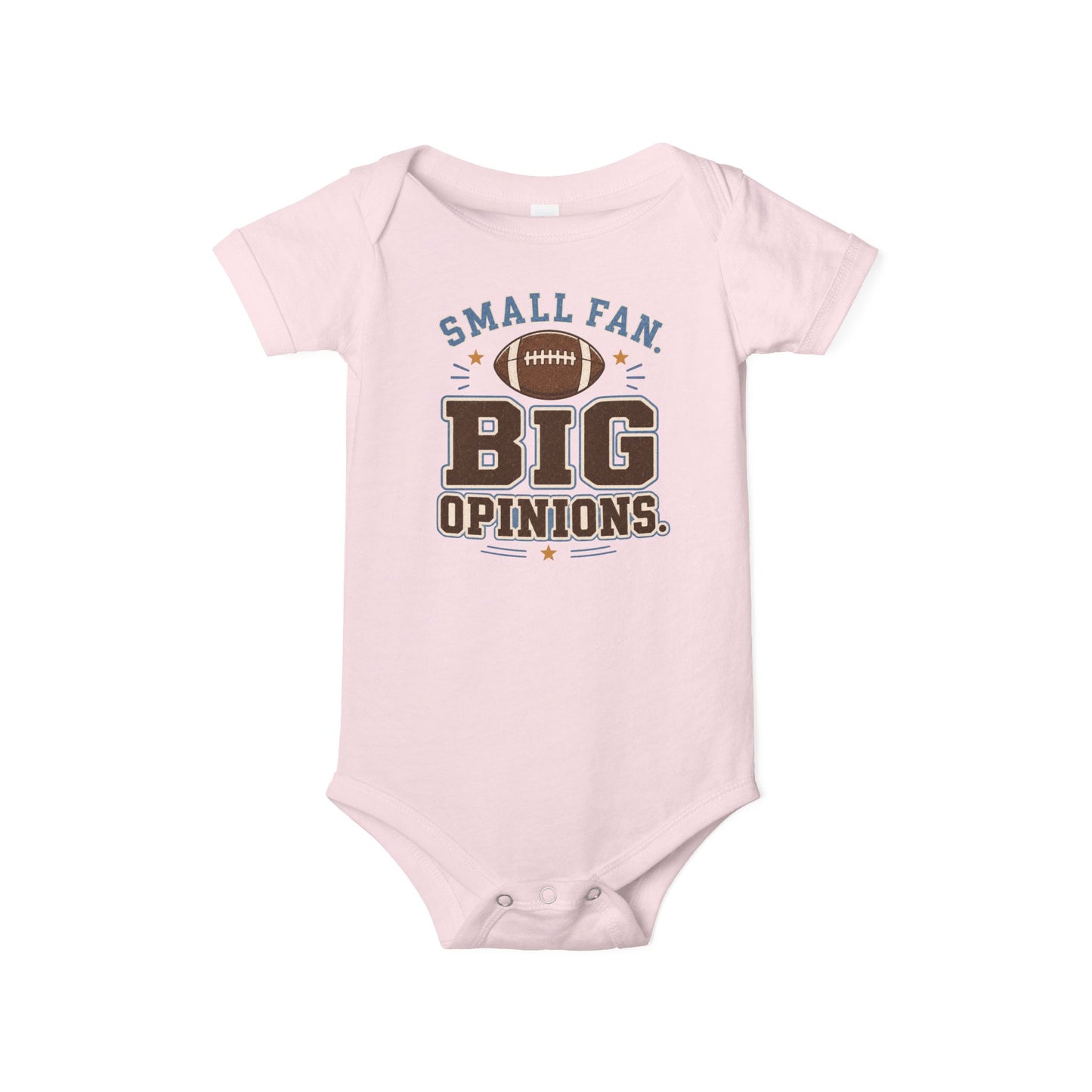 Bella + Canvas 100B infant one piece in Pink featuring a football graphic and the phrase "Small Fan. Big Opinions." Soft football-themed baby bodysuit perfect for newborns, infants, baby girls, football season, game days, tailgates, baby showers, and sports-loving families.