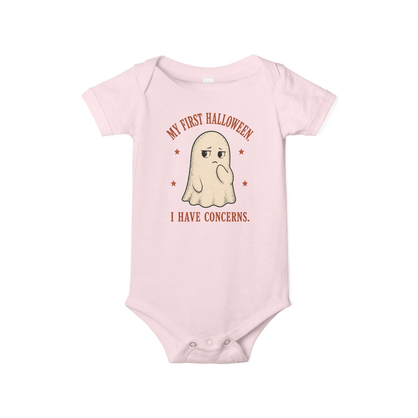Bella + Canvas 100B baby bodysuit in Pink featuring a vintage-style ghost with the phrase "My First Halloween, I Have Concerns." A funny Halloween bodysuit for baby girls or boys celebrating their first spooky season.