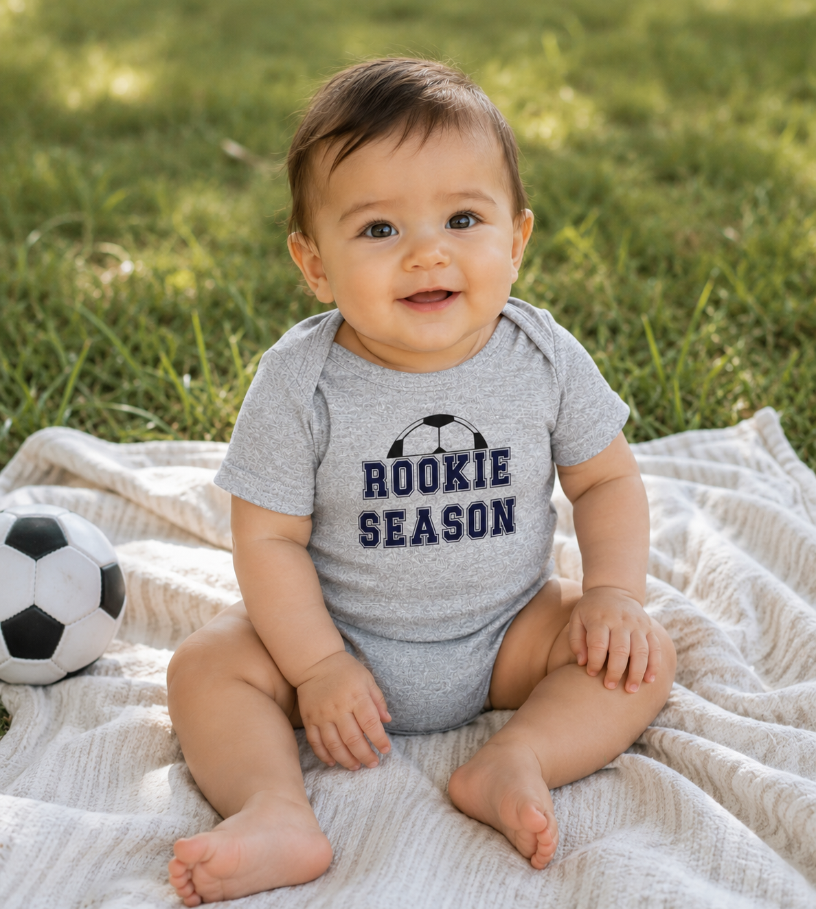 Bella + Canvas 100B baby bodysuit in athletic heather gray featuring the phrase “Rookie Season” in navy varsity lettering with a soccer ball graphic. Cute soccer baby one-piece for infant boys and girls, perfect for first soccer season, game day outfits, soccer family photos, baby shower gifts, and newborn sports fans.