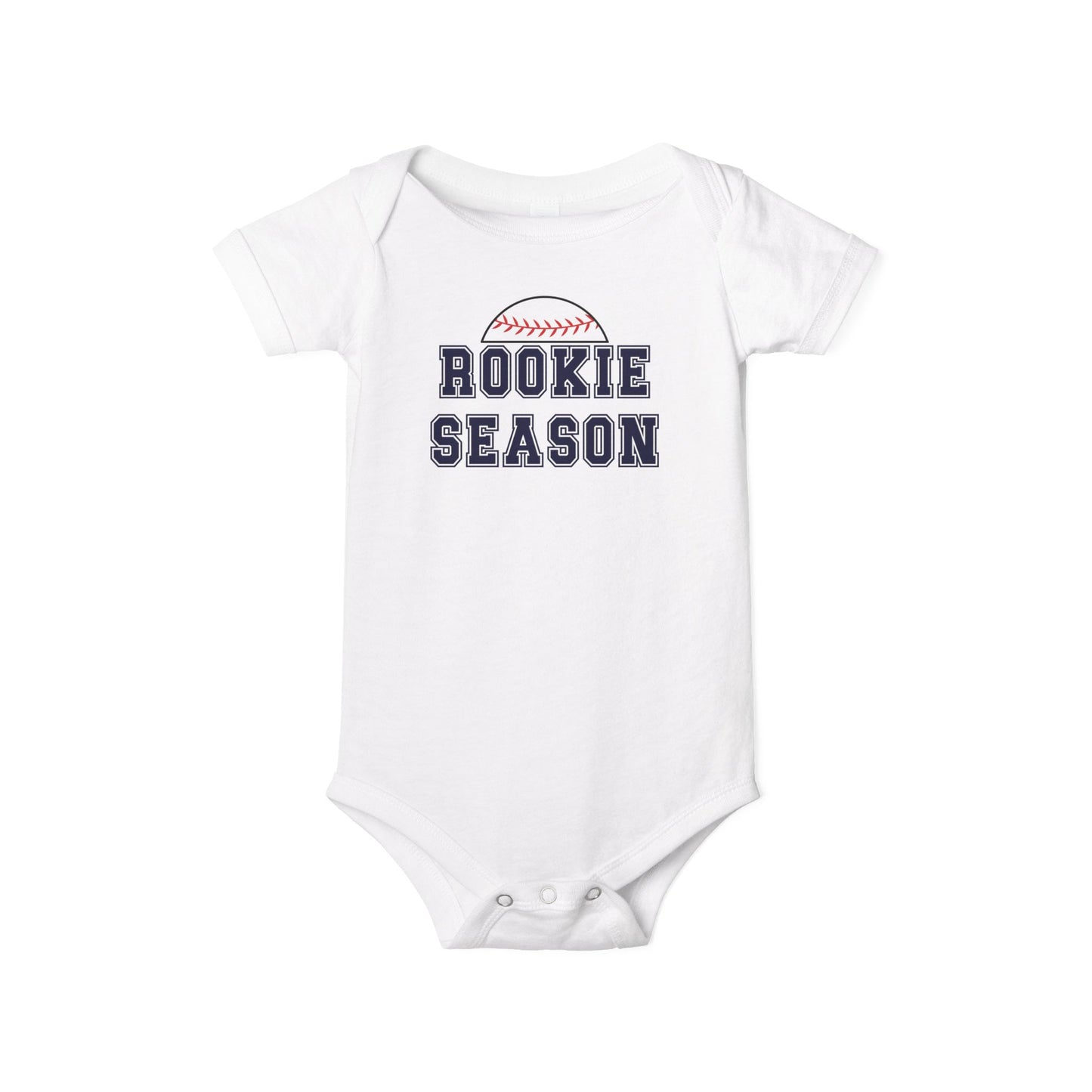Bella + Canvas 100B white infant bodysuit featuring a baseball graphic and "Rookie Season" text. Adorable baseball baby outfit perfect for game days, baseball season, baby showers, newborn photos, and future little league fans.