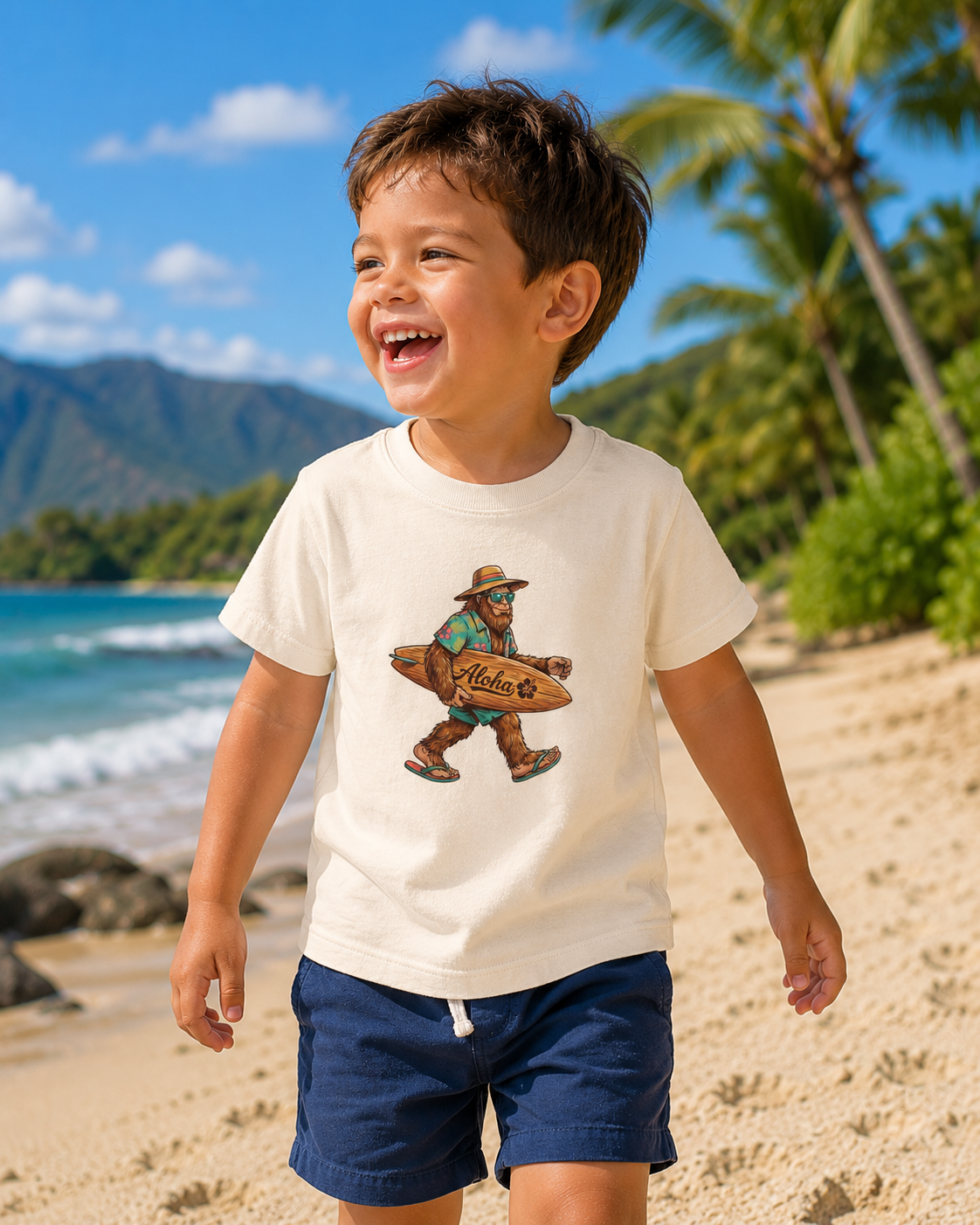 Toddler wearing a Bella + Canvas 3001T t-shirt in natural featuring a tropical Bigfoot carrying an “Aloha” surfboard while walking on a sunny beach.
