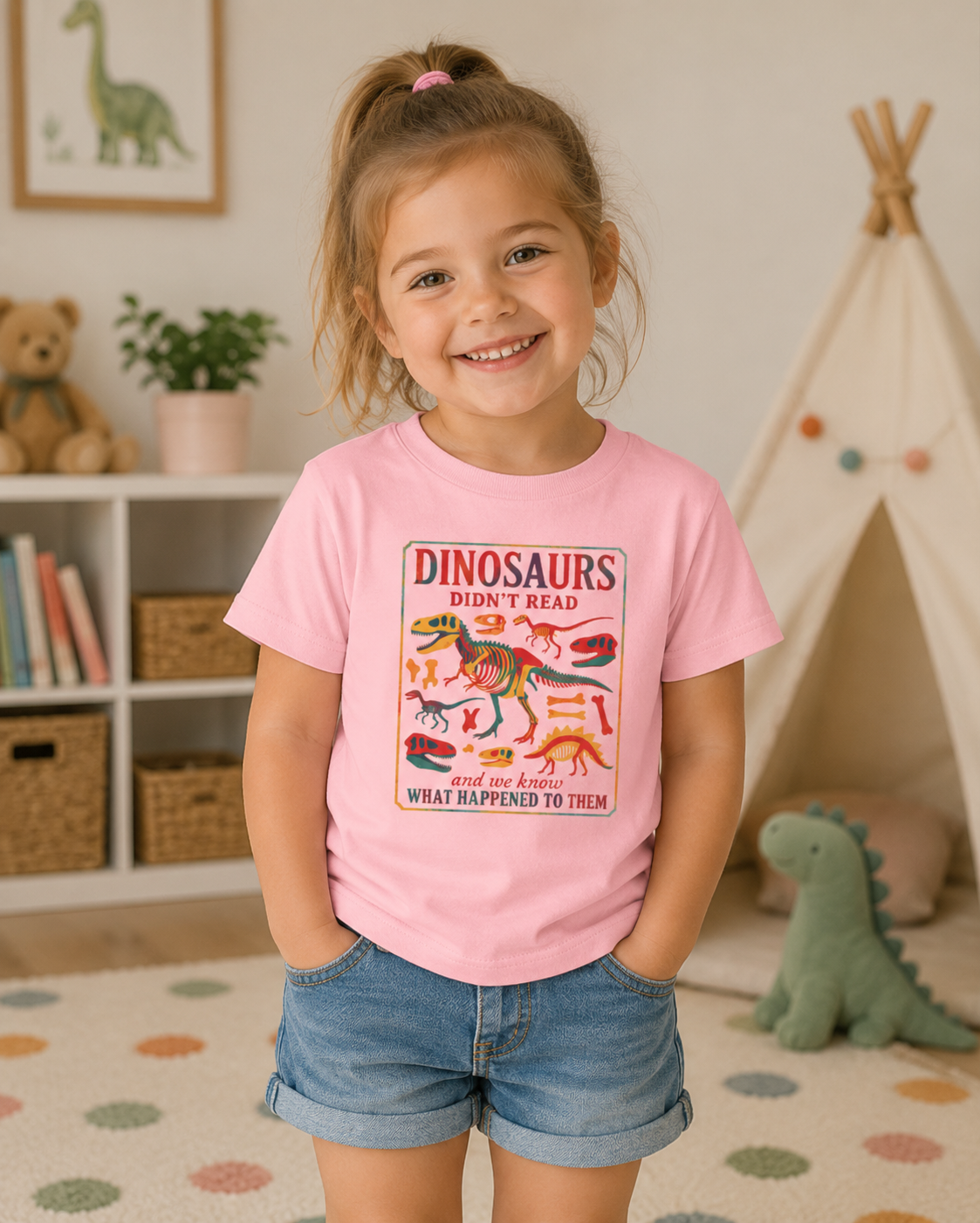 Toddler girl wearing a Bella + Canvas 3001T t-shirt in pink featuring a colorful dinosaur skeleton graphic with the humorous quote “Dinosaurs Didn’t Read and We Know What Happened to Them.” Fun reading-themed toddler shirt shown in a playful dinosaur-themed bedroom setting.