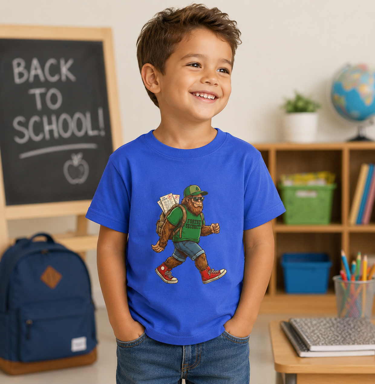 Smiling toddler wearing a Bella + Canvas 3001T t-shirt in true royal blue featuring a Bigfoot student graphic with sunglasses, backpack, school papers, and a green Forest Security shirt in a back-to-school classroom setting with a backpack and chalkboard.