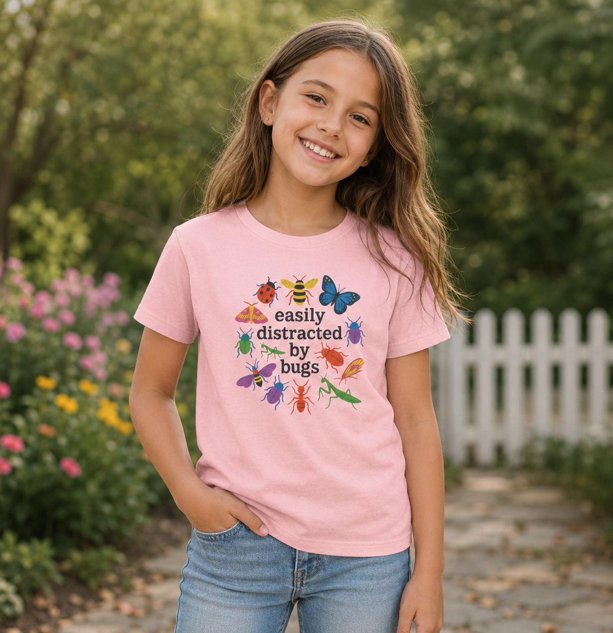Bella + Canvas 3001Y youth t-shirt in pink featuring colorful insects, butterflies, bees, beetles, and praying mantises surrounding the phrase “Easily Distracted by Bugs.” Cute bug lover shirt for kids who enjoy nature, science, gardening, insects, outdoor adventures, and exploring the world around them.