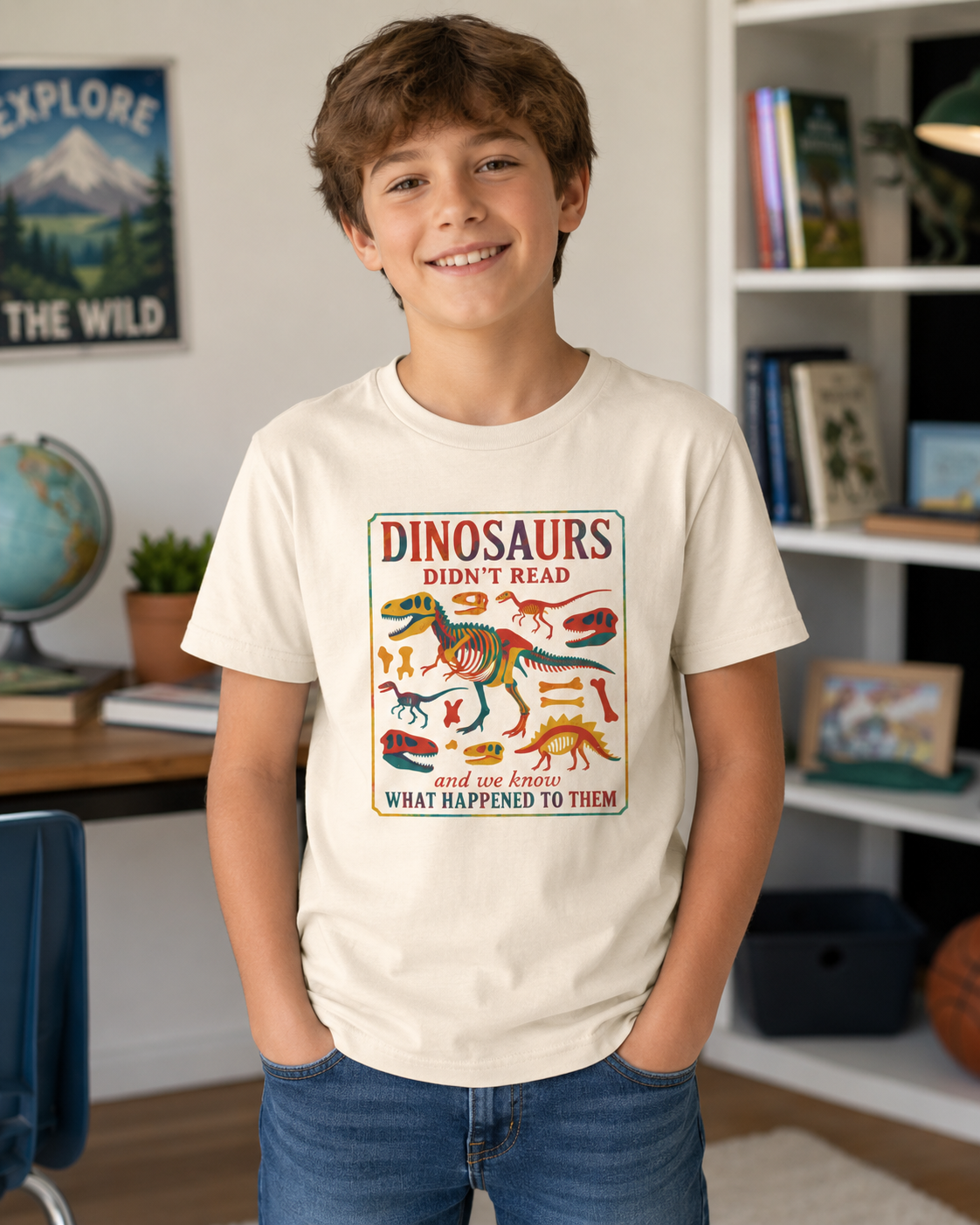 Youth model wearing a Bella + Canvas 3001Y t-shirt in natural featuring a colorful dinosaur skeleton graphic with the humorous quote “Dinosaurs Didn’t Read and We Know What Happened to Them.” Fun reading-themed shirt for kids shown in a classroom and study space setting.