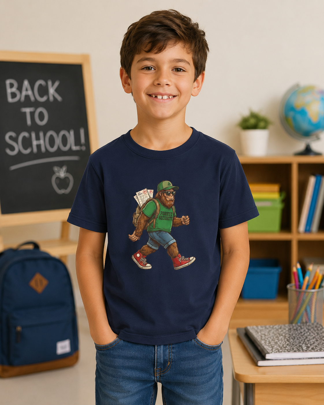 Young boy wearing a Bella + Canvas 3001Y youth t-shirt in navy featuring a Bigfoot student graphic with sunglasses, backpack, graded school papers, and a green “Forest Security” shirt in a back-to-school classroom setting.
