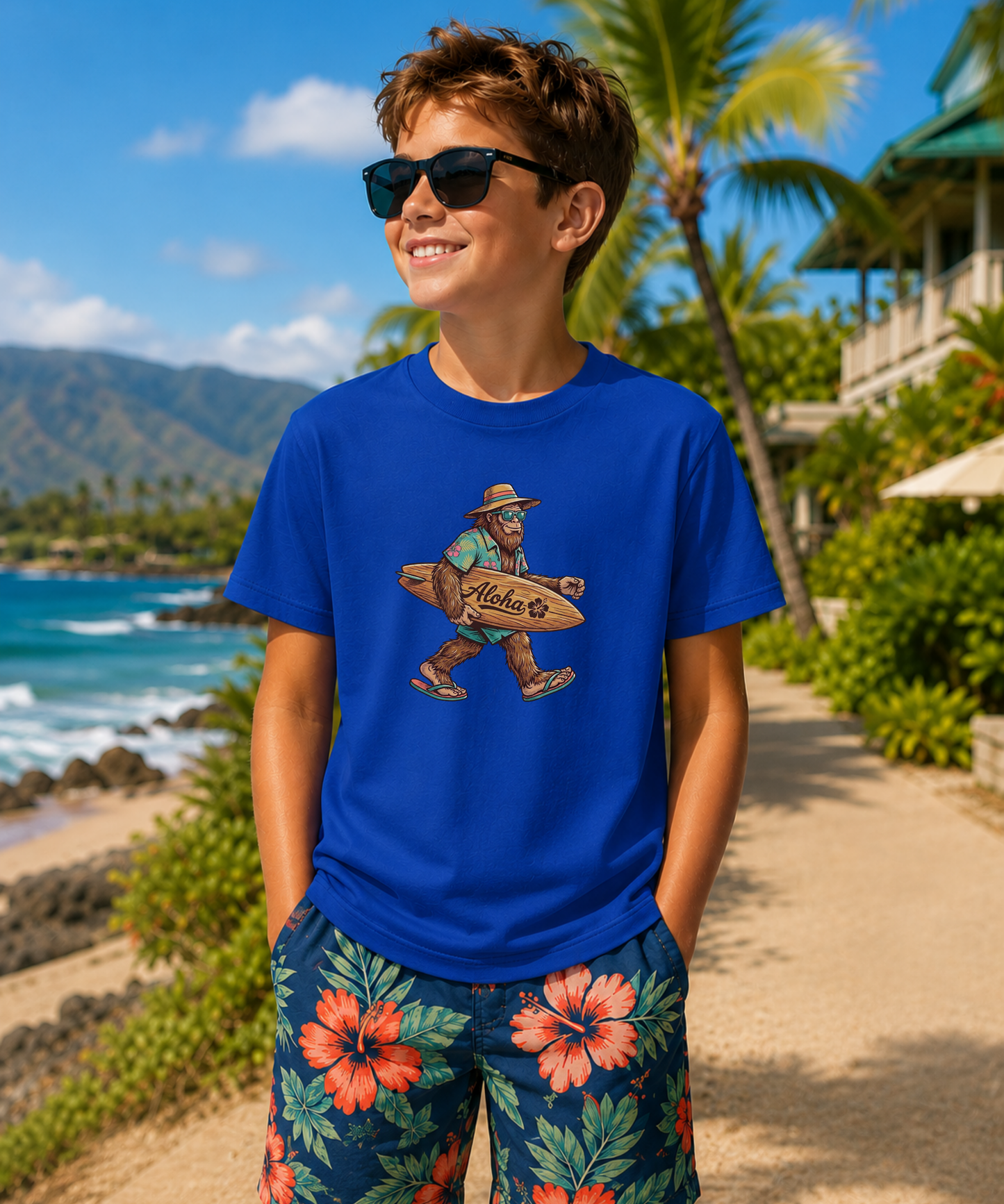 Youth model wearing a Bella + Canvas 3001Y t-shirt in true royal blue featuring a tropical Bigfoot carrying an “Aloha” surfboard while walking on a beach in flip flops and sunglasses.

