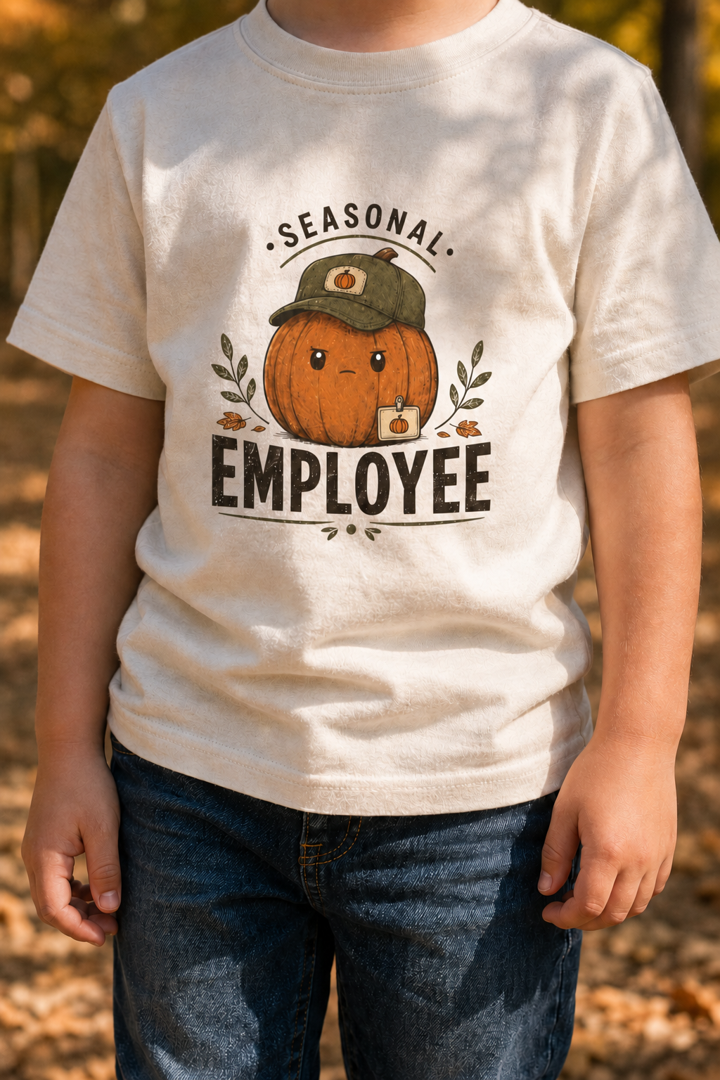 Natural Bella + Canvas 3001Y youth t-shirt featuring a grumpy pumpkin wearing a baseball cap with the phrase "Seasonal Employee." Cute fall graphic tee for kids, perfect for pumpkin patch visits, autumn festivals, Halloween, school, and seasonal family photos.