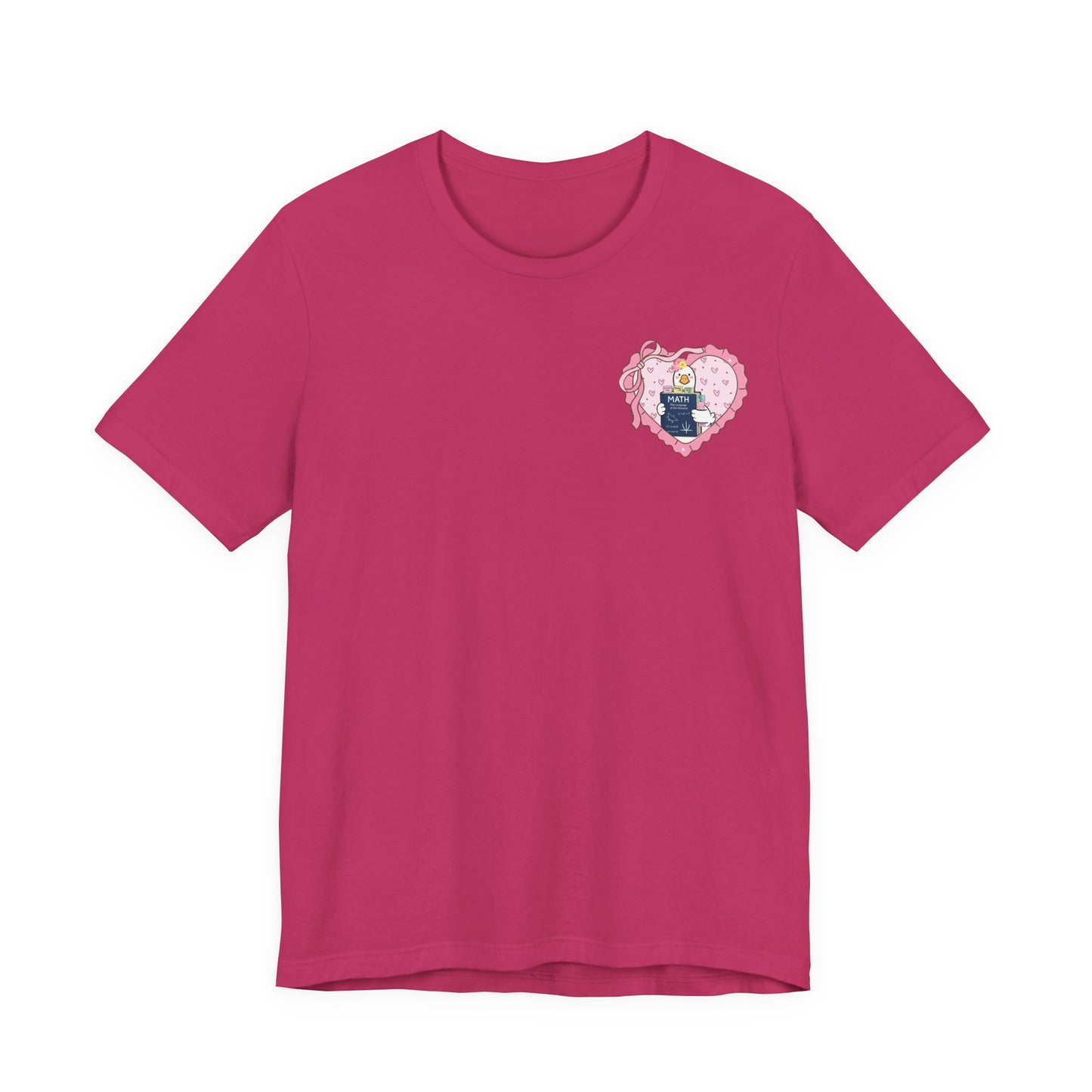 Bella + Canvas 3001 t-shirt in Berry featuring a coquette math teacher goose heart design on the left chest. The pink heart design shows a white goose holding a math textbook with ribbon bow details. Perfect for math teachers, algebra teachers, geometry teachers, STEM educators, teacher appreciation gifts, and back-to-school outfits.