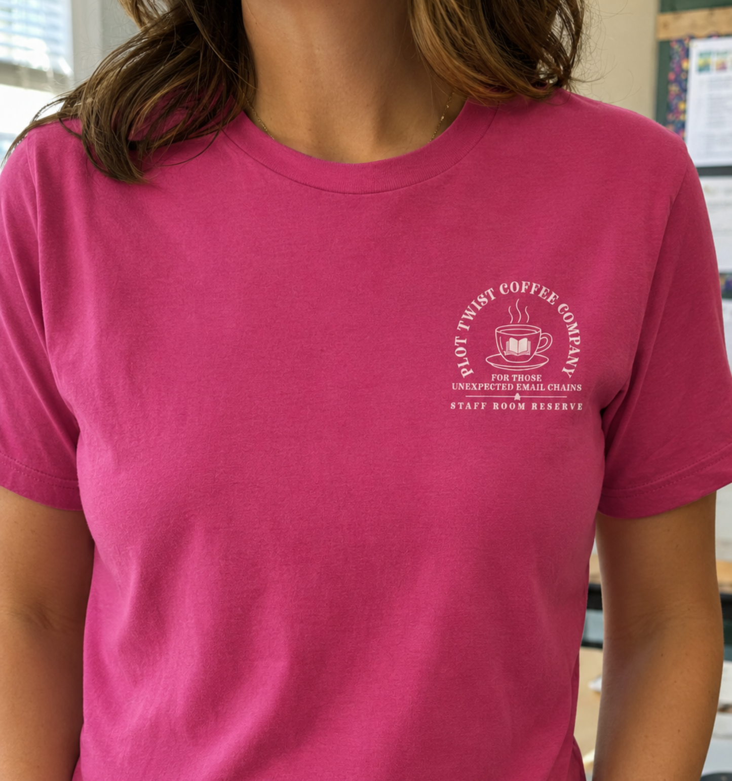 Bella + Canvas 3001 unisex t-shirt in Berry featuring a white Plot Twist Coffee Company pocket-style graphic with a steaming coffee cup, open book illustration, and the phrases "For Those Unexpected Email Chains" and "Staff Room Reserve." A fun English teacher graphic tee for readers, book lovers, and coffee enthusiasts.