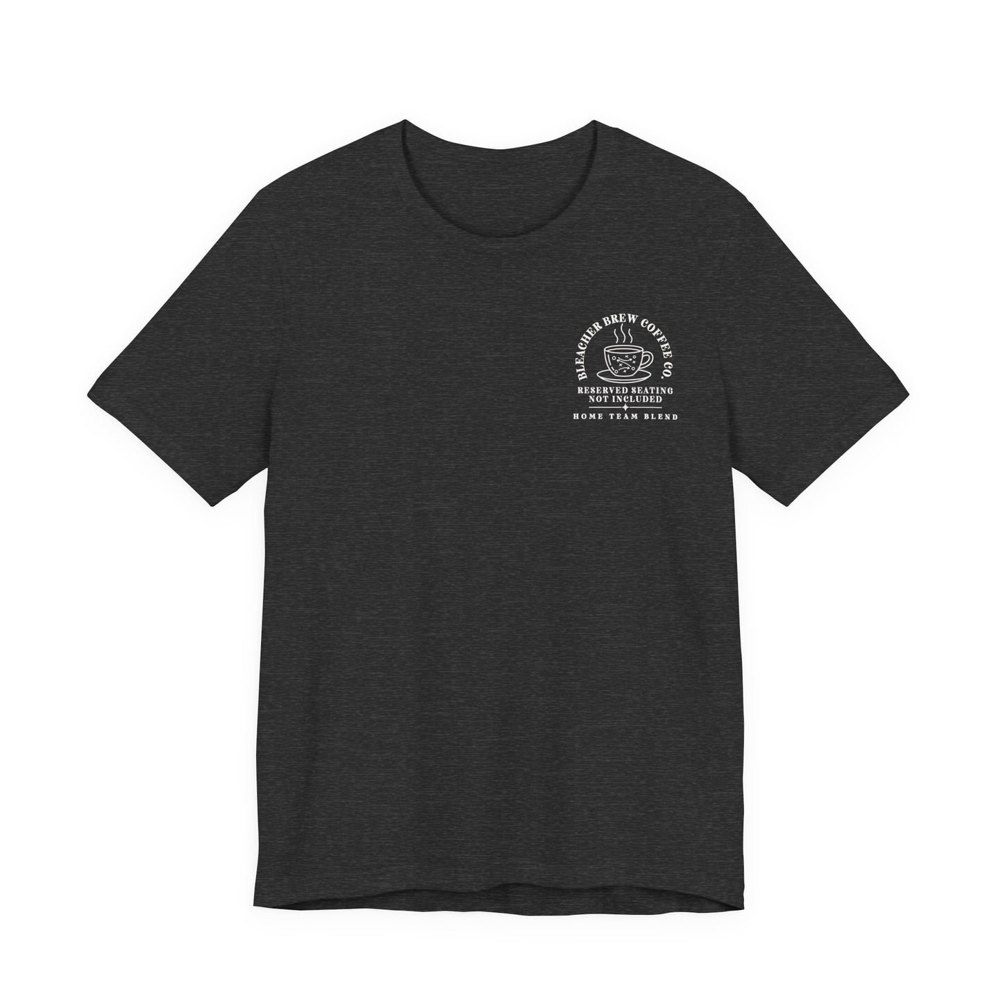Bella + Canvas 3001 unisex t-shirt in Dark Grey Heather featuring a white pocket-style "Bleacher Brew Coffee Co." graphic with a football play coffee cup design. The graphic reads "Reserved Seating Not Included" and "Home Team Blend," making it a fun football mom shirt for Friday night lights, tailgates, and weekend football games.