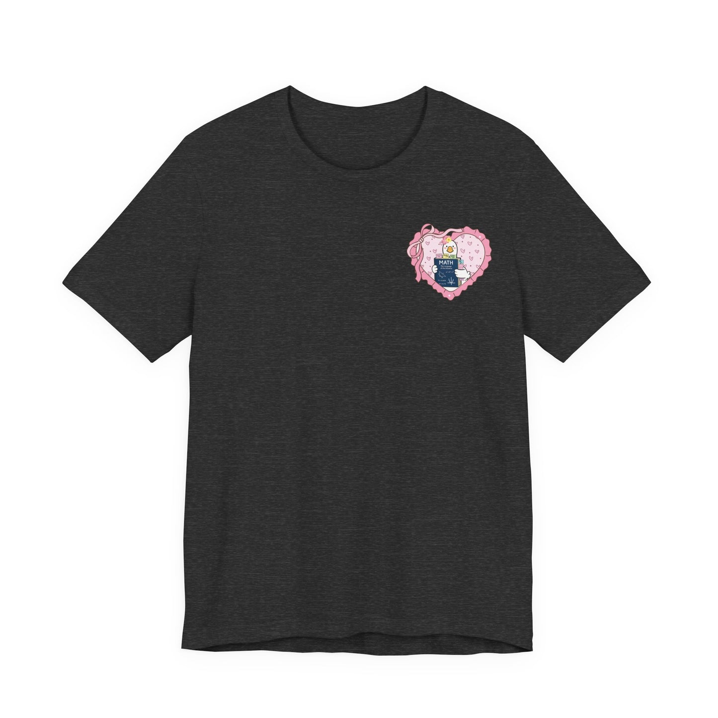 Bella + Canvas 3001 t-shirt in Dark Grey Heather featuring a coquette math teacher goose heart design on the left chest. The pink heart design shows a white goose holding a math book inside a decorative heart frame. Great for math teachers, middle school teachers, high school educators, and teacher gifts.