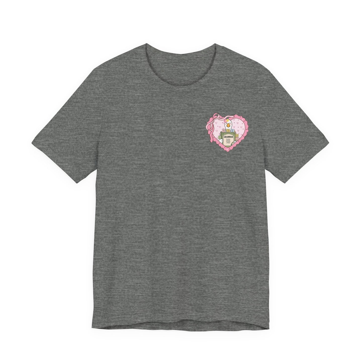 Bella + Canvas 3001 t-shirt in Deep Heather featuring a coquette goose holding a grammar book inside a pink heart pocket graphic. Cute English teacher apparel for reading teachers, literature lovers, and classroom gifts.
