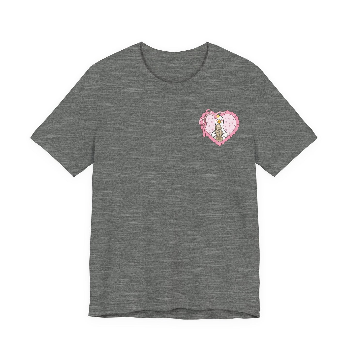 Bella + Canvas 3001 t-shirt in Deep Heather featuring a coquette English teacher heart design with a pink bow, heart frame, and Shakespeare bust. Great for English teachers, literature teachers, ELA educators, reading specialists, and book-loving educators.