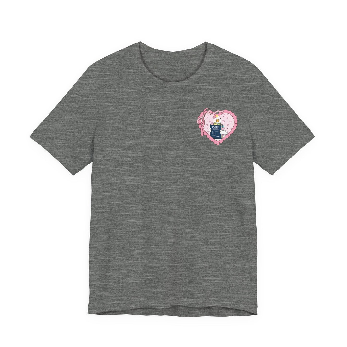Bella + Canvas 3001 t-shirt in Deep Heather featuring a coquette math teacher goose heart design on the left chest. The design showcases a white goose holding a math textbook inside a pink heart with bow details. Perfect for math teachers, algebra teachers, and back-to-school teacher apparel.