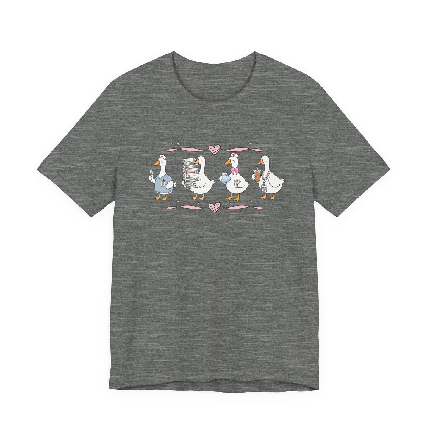 Bella + Canvas 3001 t-shirt in Deep Heather featuring a coquette school nurse goose design. Four white geese display nurse-themed accessories including scrubs, a thermometer, medical supplies, paperwork, iced coffee, and a school nurse badge. Pink hearts and ribbon accents add a charming touch, making this cute school nurse shirt perfect for school nurses, healthcare workers, nurse appreciation gifts, medical staff, and back-to-school outfits.