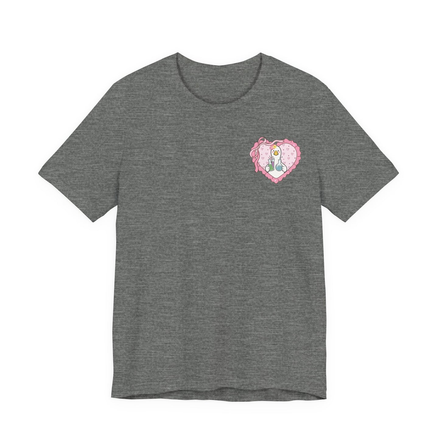 Bella + Canvas 3001 t-shirt in Deep Heather featuring a coquette science teacher goose heart design on the left chest. White goose with laboratory beakers inside a pink heart with bow accents. Ideal for science teachers, STEM educators, chemistry teachers, biology teachers, and back-to-school outfits.