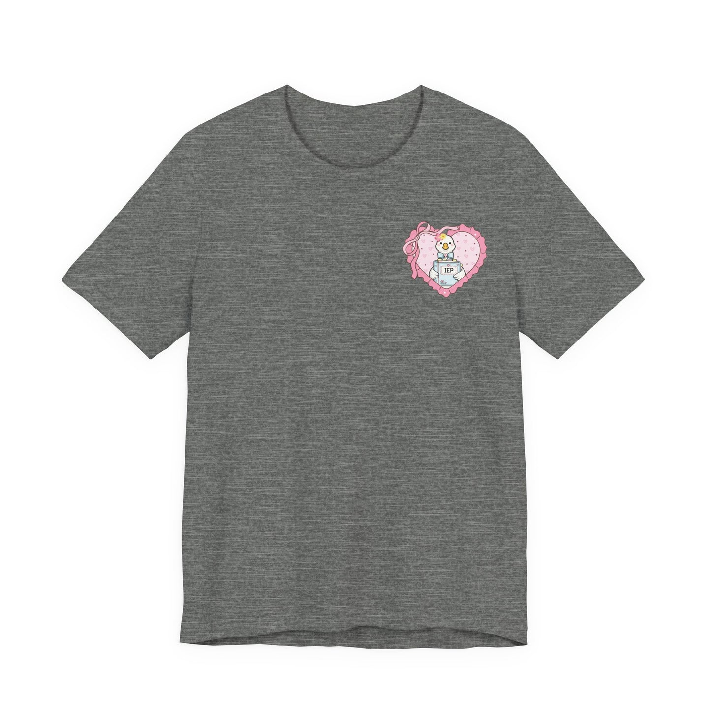 Bella + Canvas 3001 t-shirt in Deep Heather featuring a coquette special education goose design with an IEP binder, pink heart frame, and ribbon details. A thoughtful gift for special education teachers and support professionals.