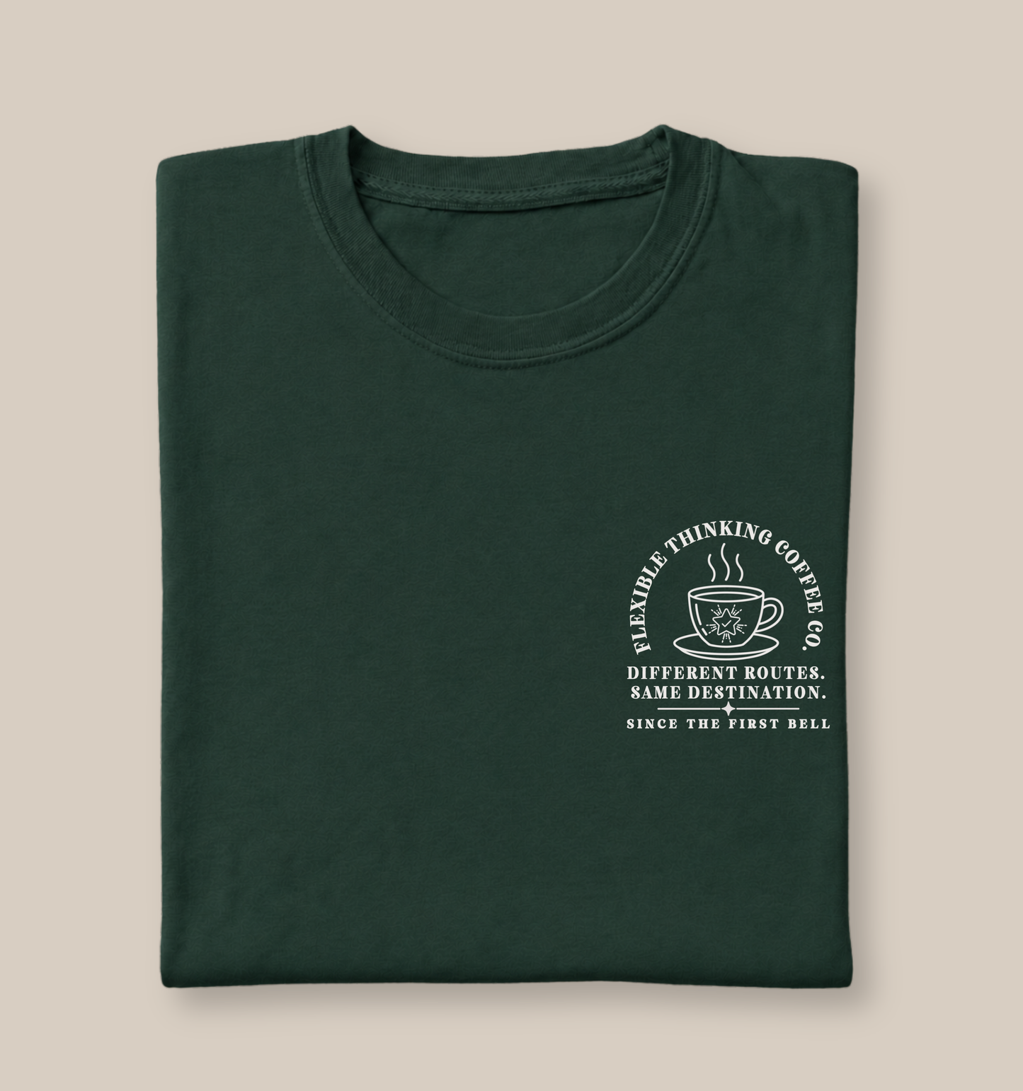 Bella + Canvas 3001 unisex t-shirt in Forest featuring a white pocket-style "Flexible Thinking Coffee Co." graphic with a steaming coffee cup and pencil icon. The design reads "Different Routes. Same Destination. Since the First Bell," making it a thoughtful teacher shirt for special education teachers, interventionists, resource teachers, and educators who celebrate diverse learning paths.