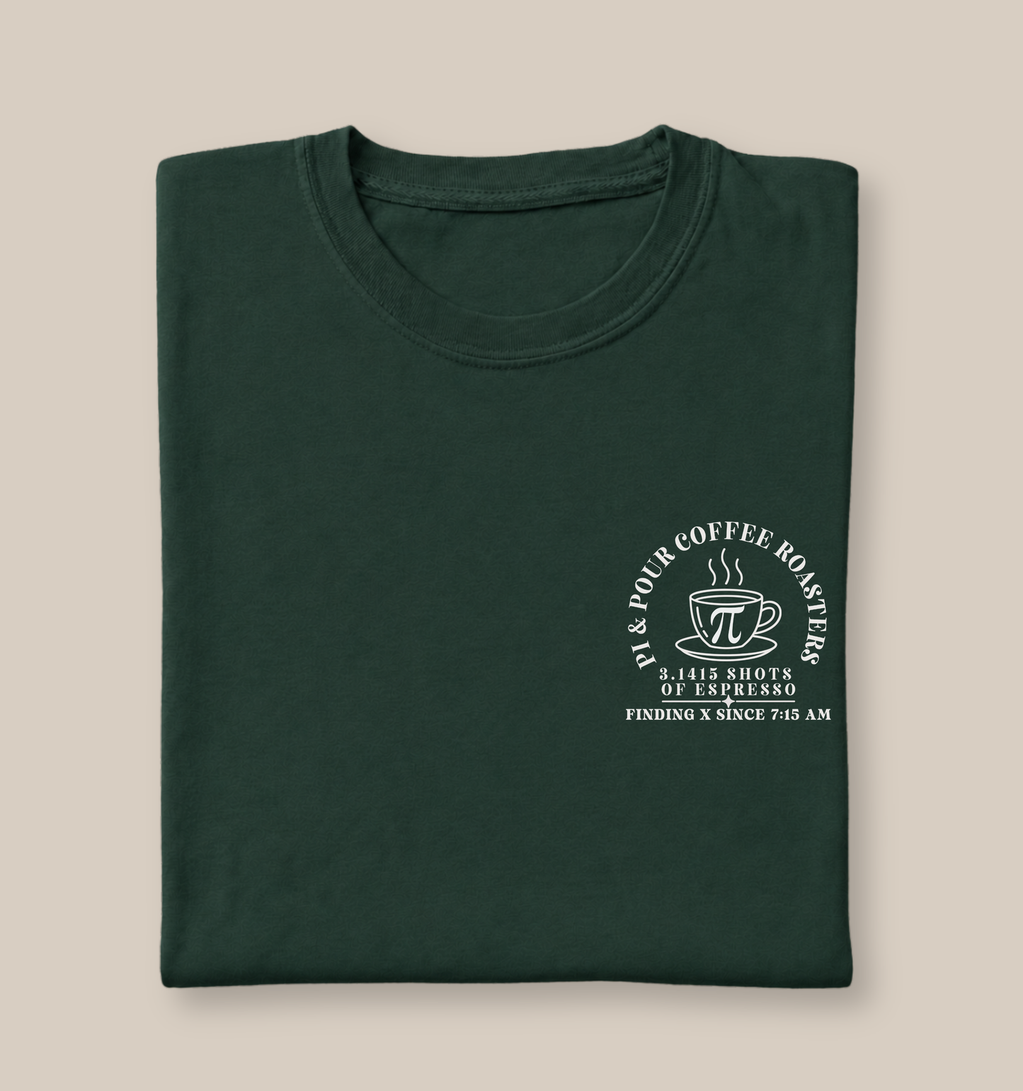 Bella + Canvas 3001 unisex t-shirt in Forest featuring a white Pi & Pour Coffee Roasters pocket-style graphic with a steaming coffee mug displaying the pi symbol and the phrases "3.1415 Shots of Espresso" and "Finding X Since 7:15 AM." A fun math teacher shirt for educators, STEM teachers, and coffee lovers.