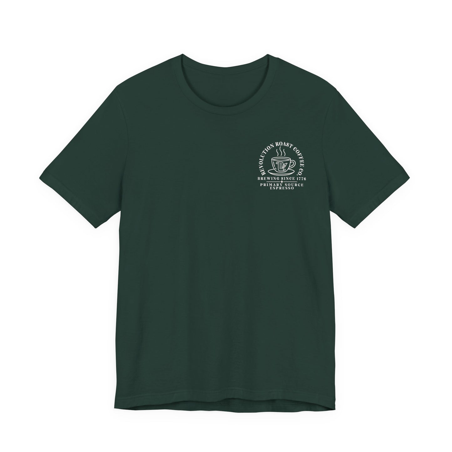 Bella + Canvas 3001 unisex t-shirt in Forest featuring a white Revolution Roast Coffee Co. chest graphic with a coffee mug and vintage history-inspired design. A fun history teacher tee for educators and coffee enthusiasts.