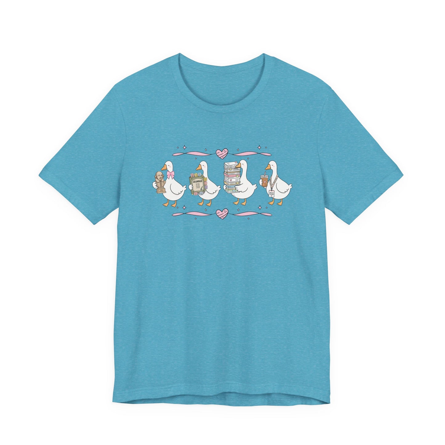 Bella + Canvas 3001 t-shirt in Heather Aqua featuring a coquette English teacher goose design. Four white geese carry a classic literature bust, a grammar book, a stack of books and papers, and an iced coffee with an English teacher lanyard. Pink hearts and ribbon accents add a playful touch, making this cute English teacher shirt perfect for back-to-school outfits, teacher appreciation gifts, and everyday classroom wear.