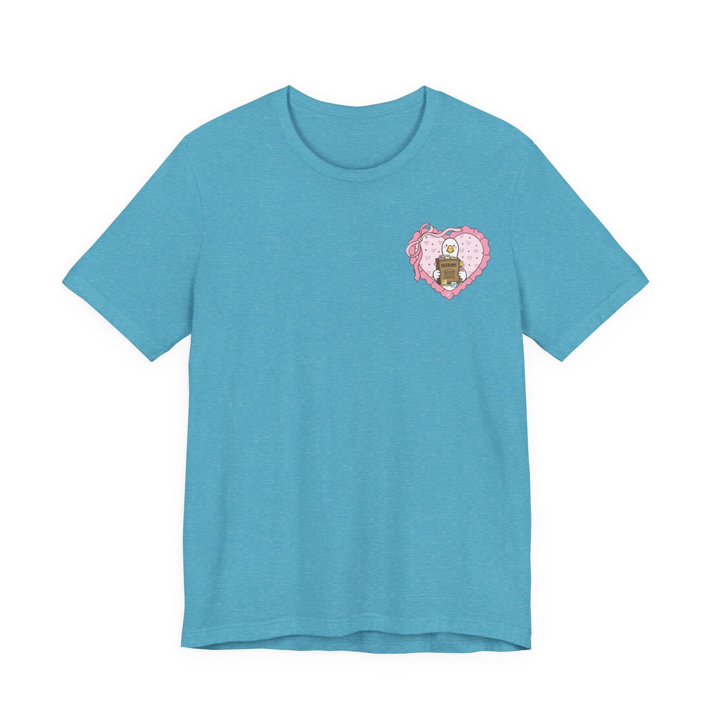 Bella + Canvas 3001 t-shirt in Heather Aqua featuring a coquette history teacher goose heart design on the left chest. White goose holding a history book inside a pink heart with ribbon bow details. Perfect for history teachers, social studies educators, and teacher appreciation gifts.