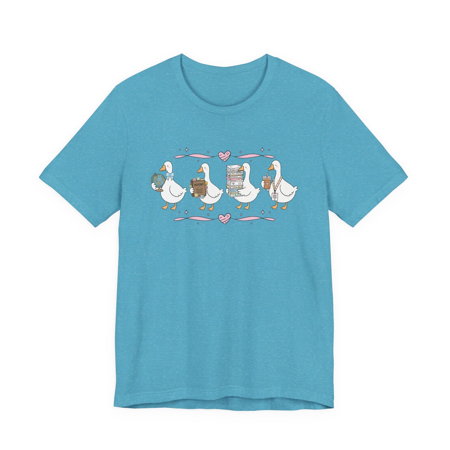 Bella + Canvas 3001 t-shirt in Heather Aqua featuring a coquette history teacher goose design. Four white geese carry a globe, history textbook, stack of classroom papers, and iced coffee with a history teacher lanyard. Pink hearts and ribbon accents add a playful touch, making this cute history teacher shirt perfect for back-to-school outfits, teacher appreciation gifts, and everyday classroom wear.