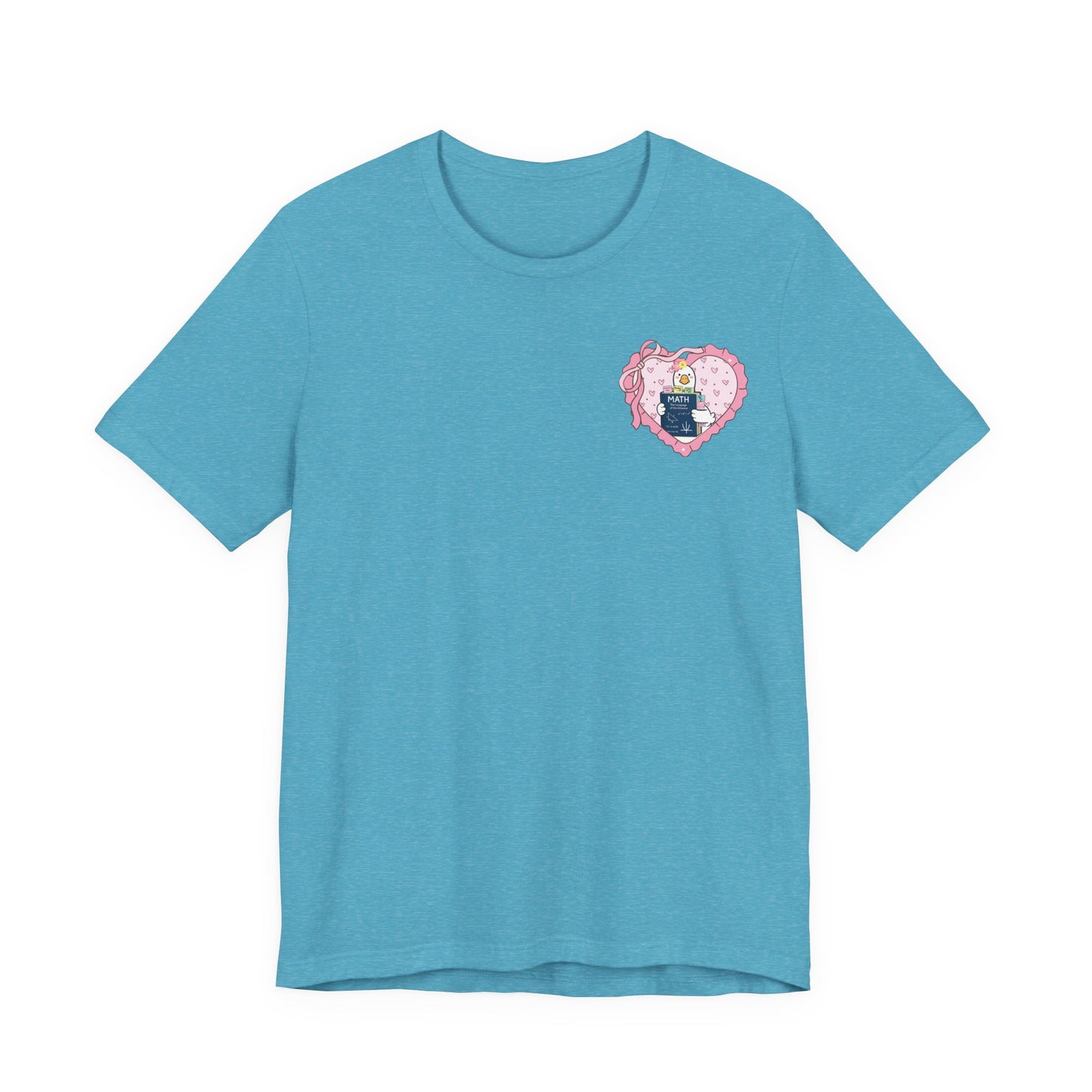 Bella + Canvas 3001 t-shirt in Heather Aqua featuring a coquette math teacher goose heart pocket design. The artwork shows a white goose holding a math textbook inside a pink heart with ribbon accents. Great for math teachers, STEM educators, and teacher gifts.