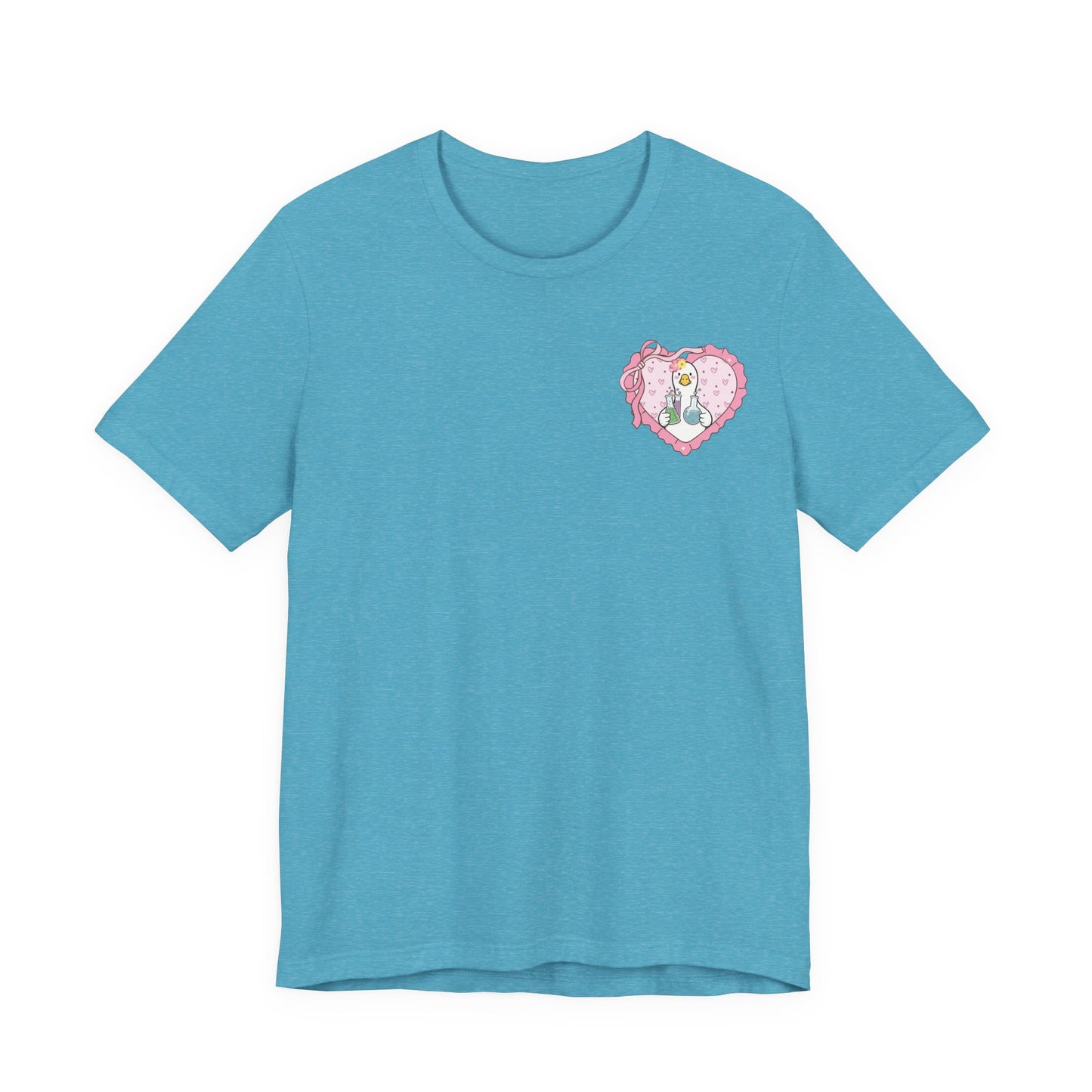 Bella + Canvas 3001 t-shirt in Heather Aqua featuring a coquette science teacher goose heart design on the left chest. White goose with laboratory beakers inside a pink heart with ribbon bow details. Perfect for science teachers, chemistry teachers, biology teachers, and teacher appreciation gifts.