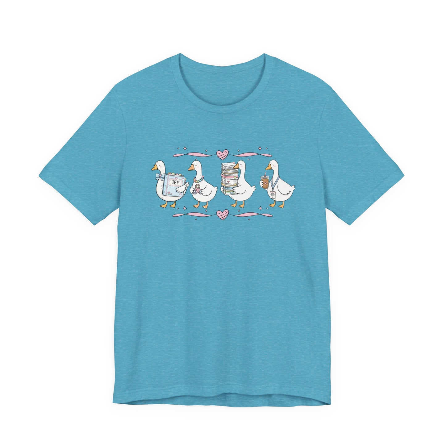 Bella + Canvas 3001 t-shirt in Heather Aqua featuring a coquette special education teacher goose design. Four white geese hold an IEP binder, sensory fidget toy, stack of paperwork, and iced coffee with a special education teacher lanyard. Pink hearts and ribbon accents add a playful touch. This cute SPED teacher shirt is perfect for special education teachers, paraprofessionals, IEP case managers, back-to-school outfits, teacher appreciation gifts, and everyday classroom wear.