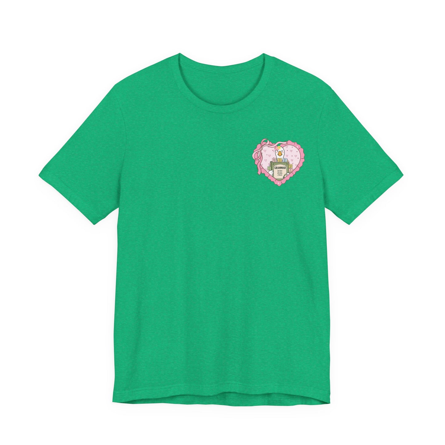 Bella + Canvas 3001 t-shirt in Heather Kelly green featuring a coquette goose holding a grammar book inside a pink heart pocket design. Fun English teacher apparel for classroom wear and teacher appreciation gifts.