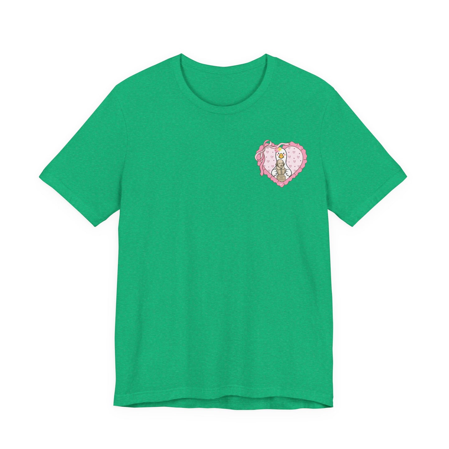 Bella + Canvas 3001 t-shirt in Heather Kelly featuring a coquette English teacher heart design with a pink bow, heart frame, and Shakespeare bust. A fun teacher shirt for English teachers, literature educators, book lovers, reading teachers, and teacher appreciation gifts.
