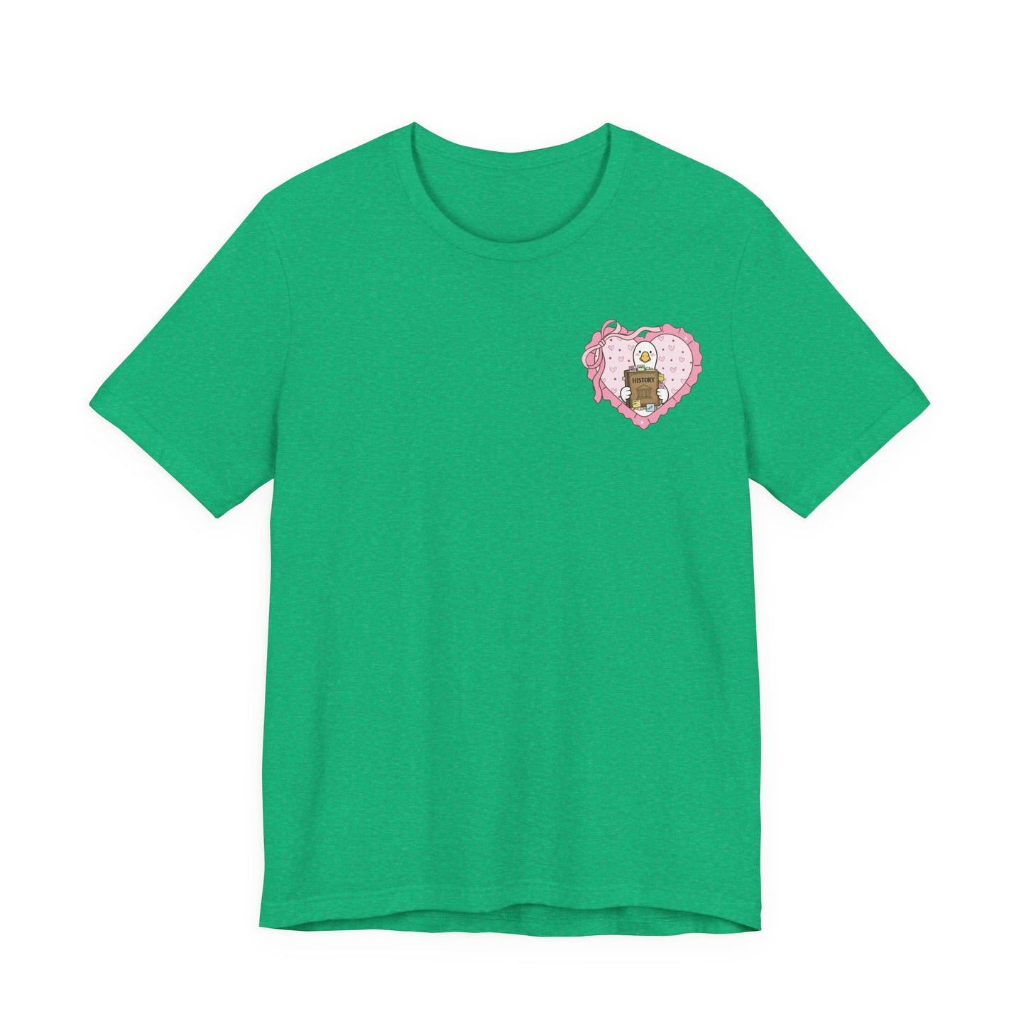 Bella + Canvas 3001 t-shirt in Heather Kelly featuring a coquette history teacher goose heart design on the left chest. White goose holding a history book inside a pink heart with ribbon bow details. Ideal for history teachers, social studies educators, and teacher appreciation gifts.
