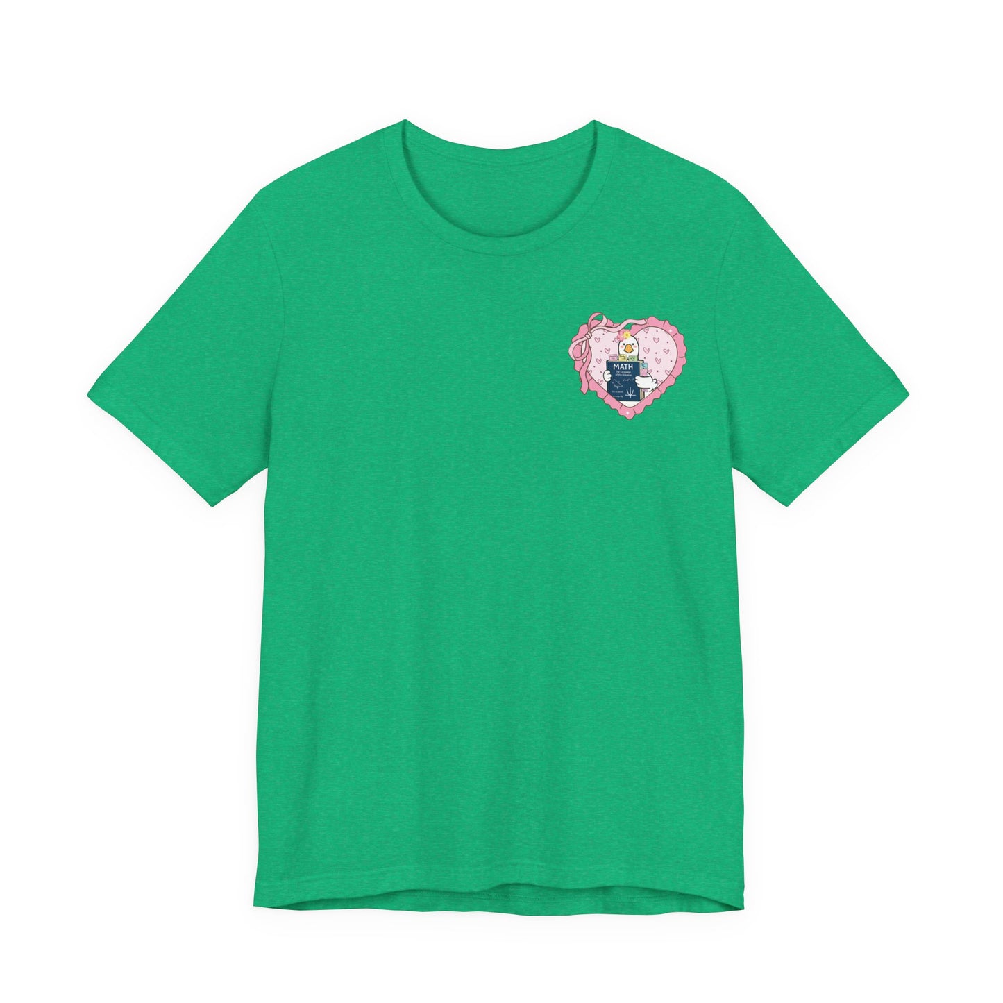 Bella + Canvas 3001 t-shirt in Heather Kelly featuring a coquette math teacher goose heart pocket design. The artwork shows a white goose holding a math textbook inside a pink heart with ribbon accents. Ideal for math teachers, STEM educators, and classroom apparel.