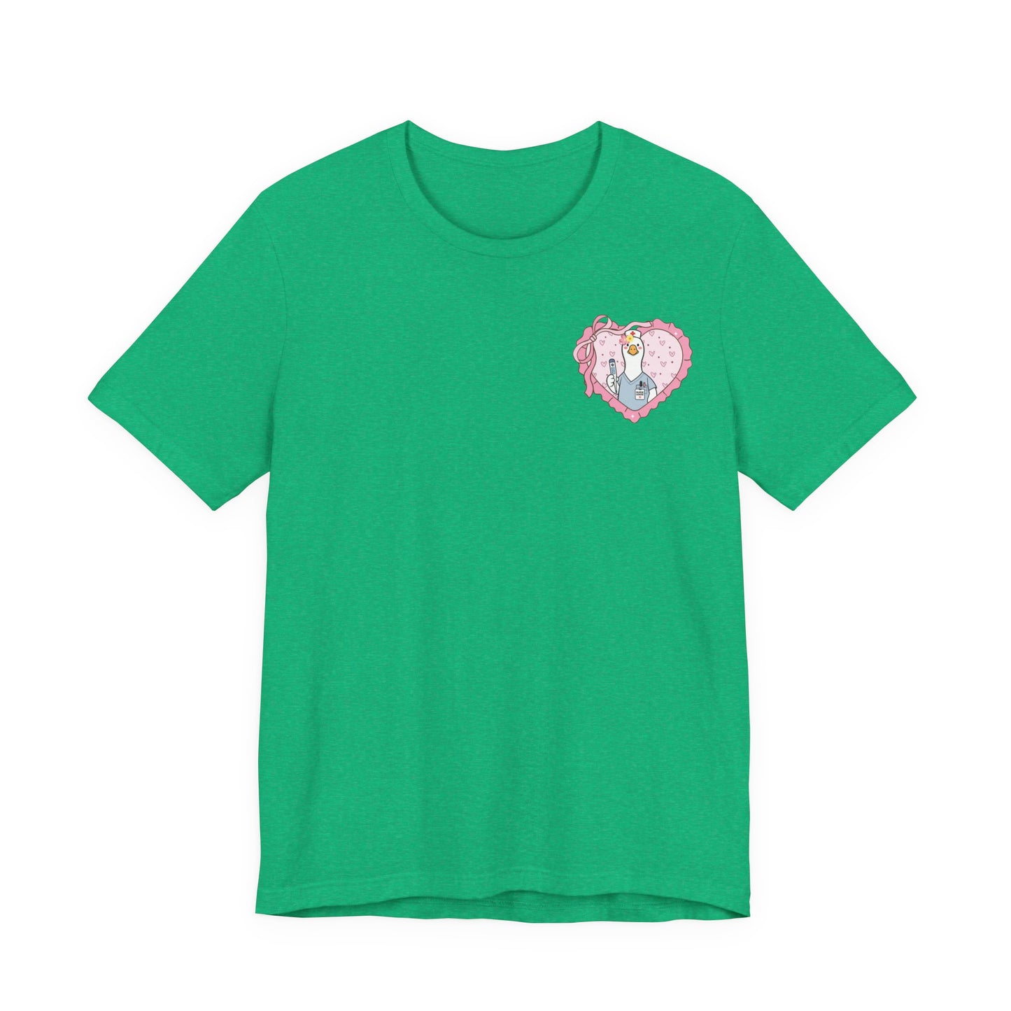 Bella + Canvas 3001 t-shirt in Heather Kelly featuring a coquette school nurse goose heart design on the left chest. The design includes a white goose in nurse scrubs holding a thermometer inside a decorative pink heart. Ideal for school nurses and healthcare staff.