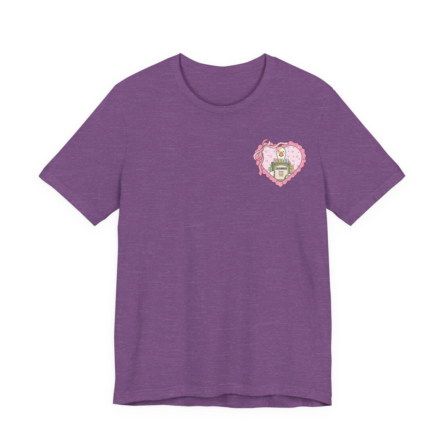 Bella + Canvas 3001 t-shirt in Heather Team Purple featuring a cute English teacher goose pocket design with a grammar book, pink bow, and heart accents. Ideal for language arts teachers and reading instructors.