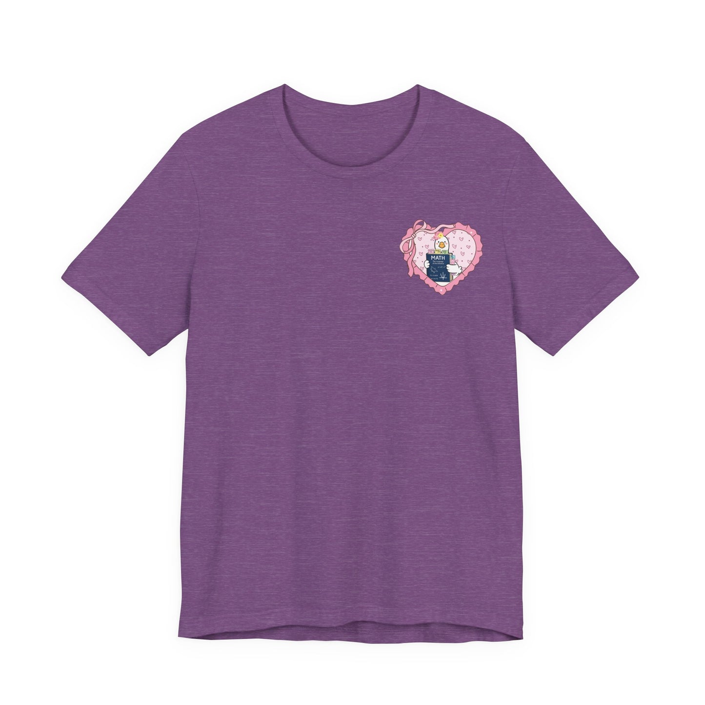Bella + Canvas 3001 t-shirt in Heather Team Purple featuring a coquette math teacher goose heart design on the left chest. The design includes a white goose holding a math textbook inside a pink heart with bow details. Perfect for math teachers, algebra teachers, and teacher appreciation gifts.