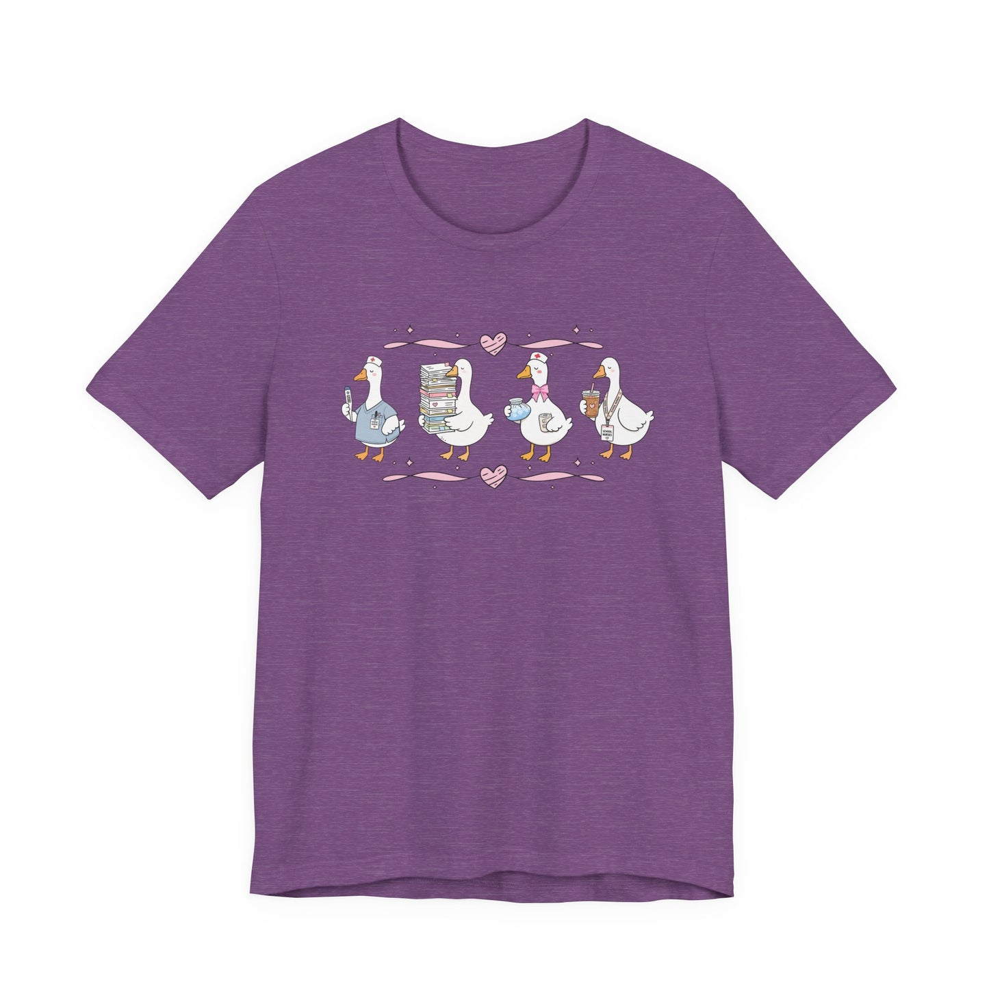 Bella + Canvas 3001 t-shirt in Heather Team Purple featuring a coquette school nurse goose design. Four white geese display nurse-themed accessories including scrubs, a thermometer, medical supplies, paperwork, iced coffee, and a school nurse badge. Pink hearts and ribbon accents create a charming aesthetic, making this cute school nurse shirt perfect for school nurses, healthcare workers, nurse appreciation gifts, medical staff, and back-to-school outfits.