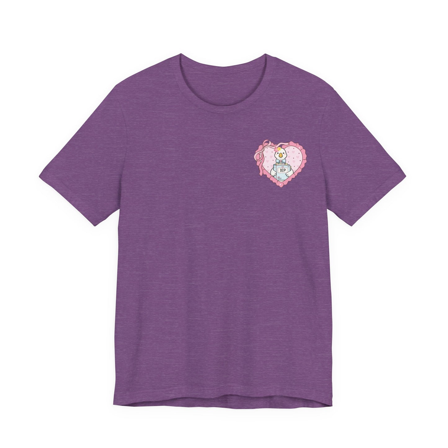 Bella + Canvas 3001 t-shirt in Heather Team Purple featuring a white goose holding an IEP binder inside a pink heart pocket design with coquette ribbon accents. Cute special education teacher apparel for resource rooms, inclusion classrooms, and IEP meetings.