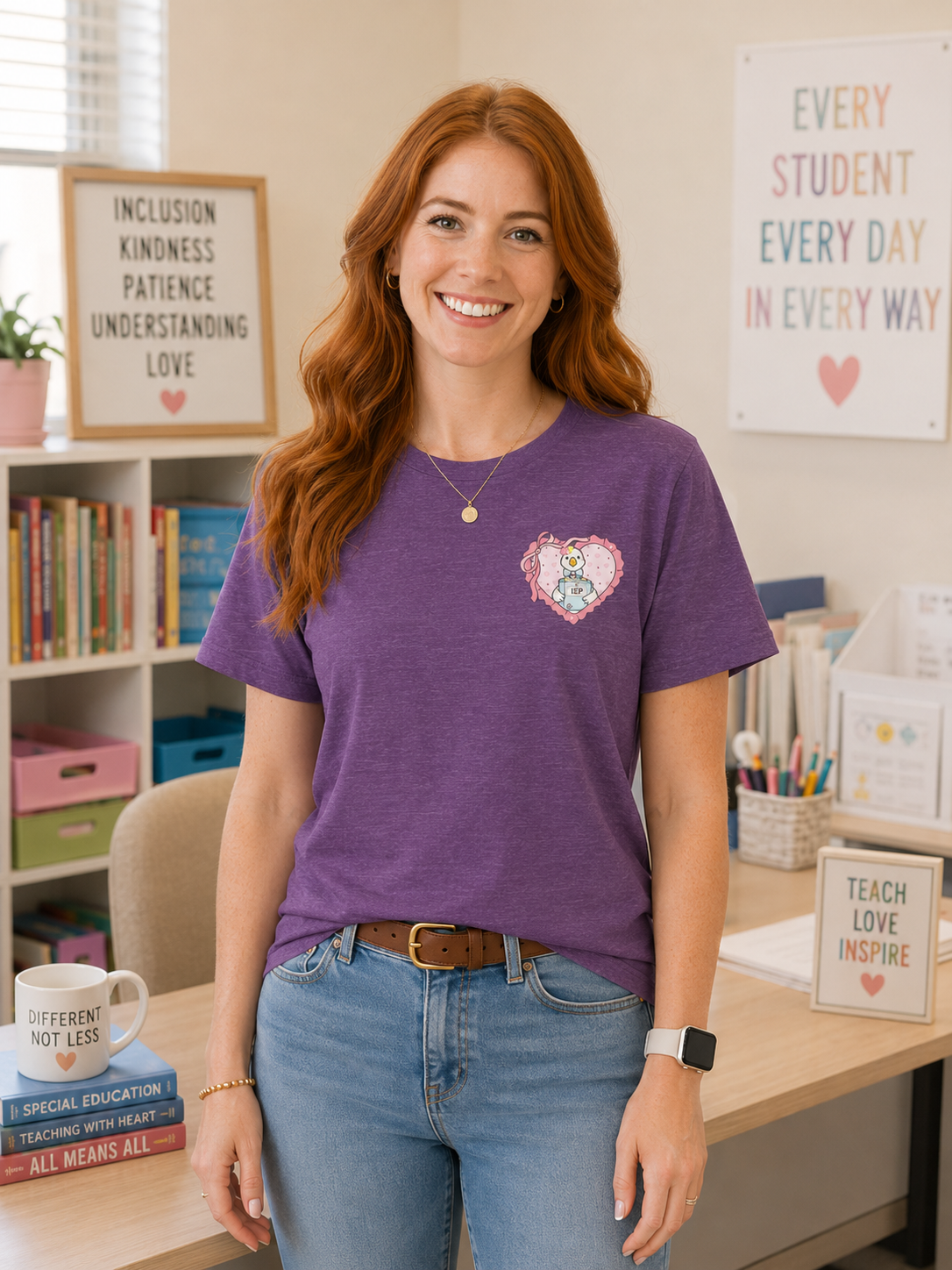 Female model wearing a Bella + Canvas 3001 t-shirt in Heather Team Purple featuring a coquette special education goose heart pocket design. The artwork shows a white goose holding an IEP binder inside a pink heart with ribbon accents and pastel details. Styled in a special education classroom, this cute teacher shirt is perfect for special education teachers, resource teachers, intervention specialists, and inclusive education advocates.