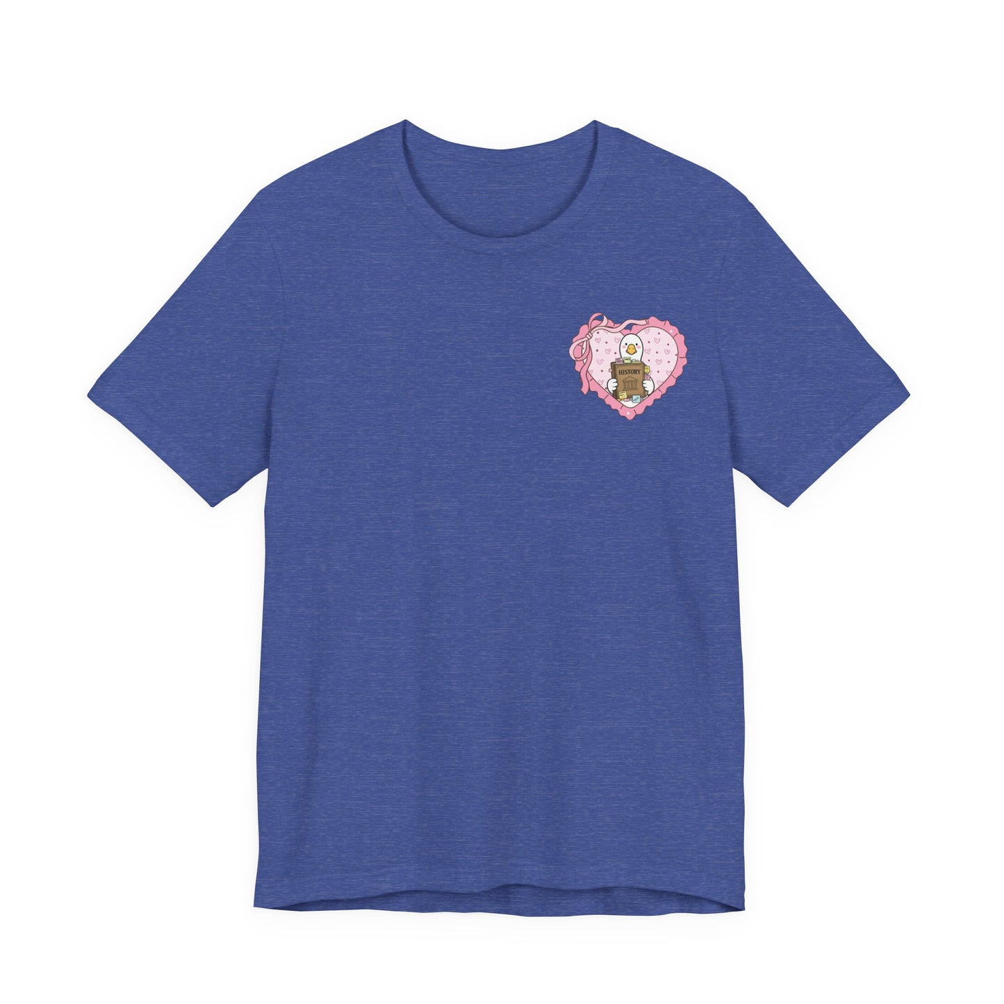 Bella + Canvas 3001 t-shirt in Heather True Royal featuring a coquette history teacher goose heart design on the left chest. White goose holding a history book inside a pink heart with ribbon bow details. Great for history teachers, social studies teachers, and teacher appreciation gifts.