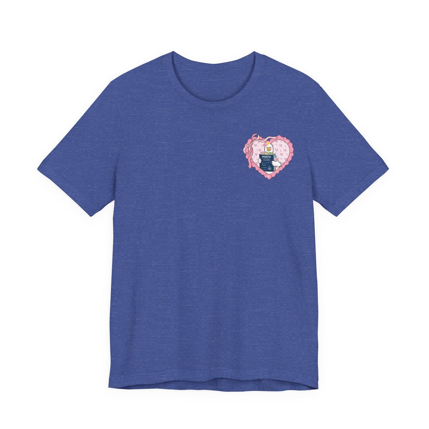 Bella + Canvas 3001 t-shirt in Heather True Royal featuring a coquette math teacher goose heart design. The left chest artwork shows a white goose holding a math book inside a pink heart with decorative ribbon accents. Great for math educators, STEM teachers, and back-to-school gifts.