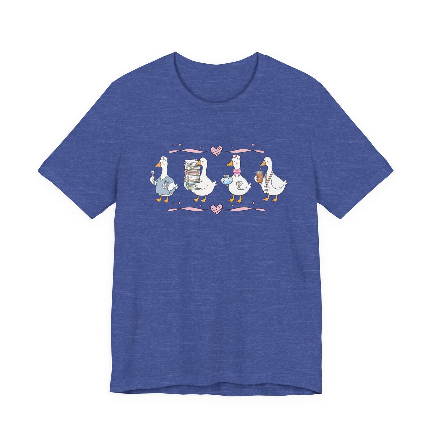 Bella + Canvas 3001 t-shirt in Heather True Royal featuring a coquette school nurse goose design. Four white geese display nurse-themed accessories including scrubs, a thermometer, medical supplies, paperwork, iced coffee, and a school nurse badge. Pink hearts and ribbon accents create a playful and whimsical aesthetic, making this cute school nurse shirt perfect for school nurses, healthcare workers, nurse appreciation gifts, medical staff, and back-to-school outfits.