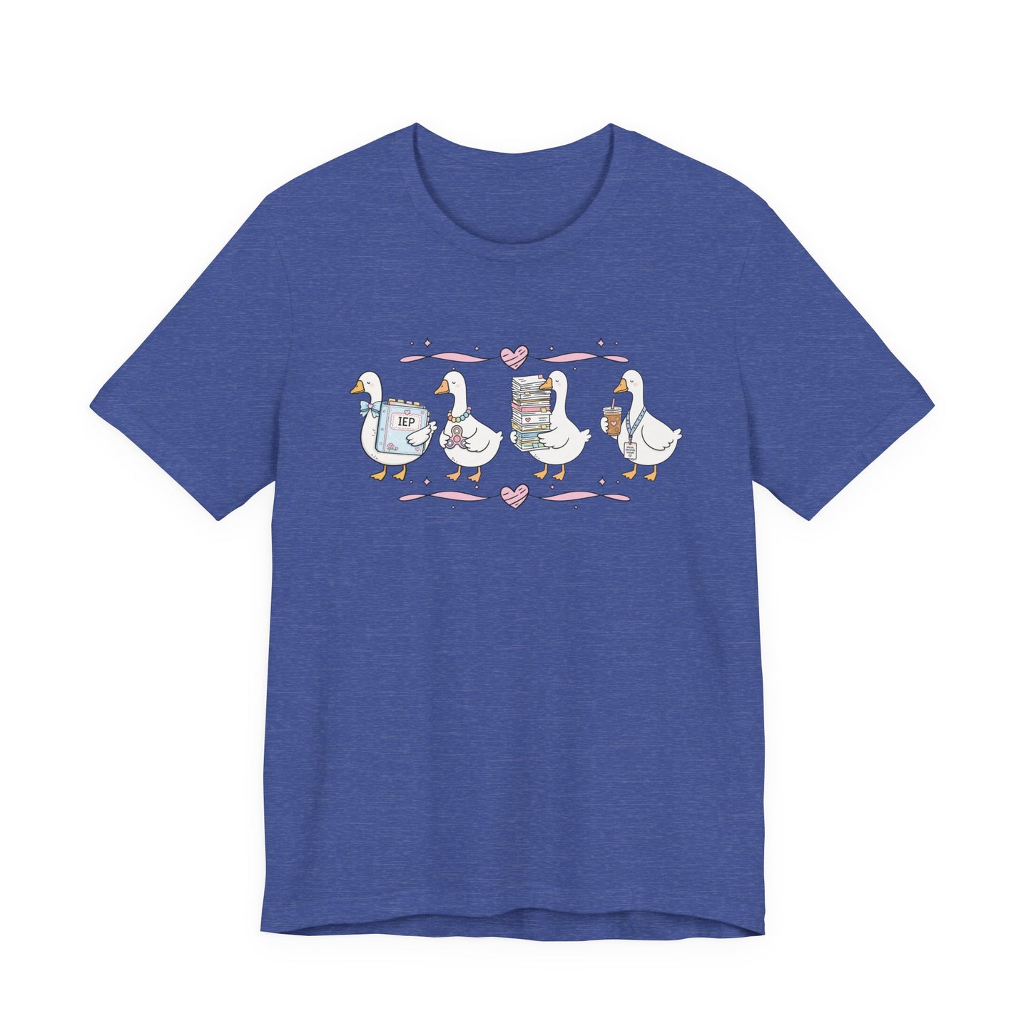Bella + Canvas 3001 t-shirt in Heather True Royal featuring a coquette special education teacher goose design. Four white geese hold an IEP binder, sensory fidget toy, stack of paperwork, and iced coffee with a special education teacher lanyard. Pink hearts and ribbon accents add a playful touch. This cute SPED teacher shirt is perfect for special education teachers, back-to-school outfits, teacher appreciation gifts, and everyday classroom wear.