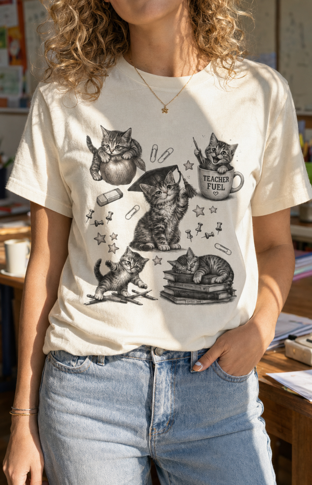 Bella + Canvas 3001 unisex t-shirt in Natural featuring adorable teacher kittens with books, yarn, pencils, graduation cap, and a "Teacher Fuel" coffee mug. A cute teacher cat shirt perfect for elementary teachers, cat lovers, school staff, and back-to-school outfits.