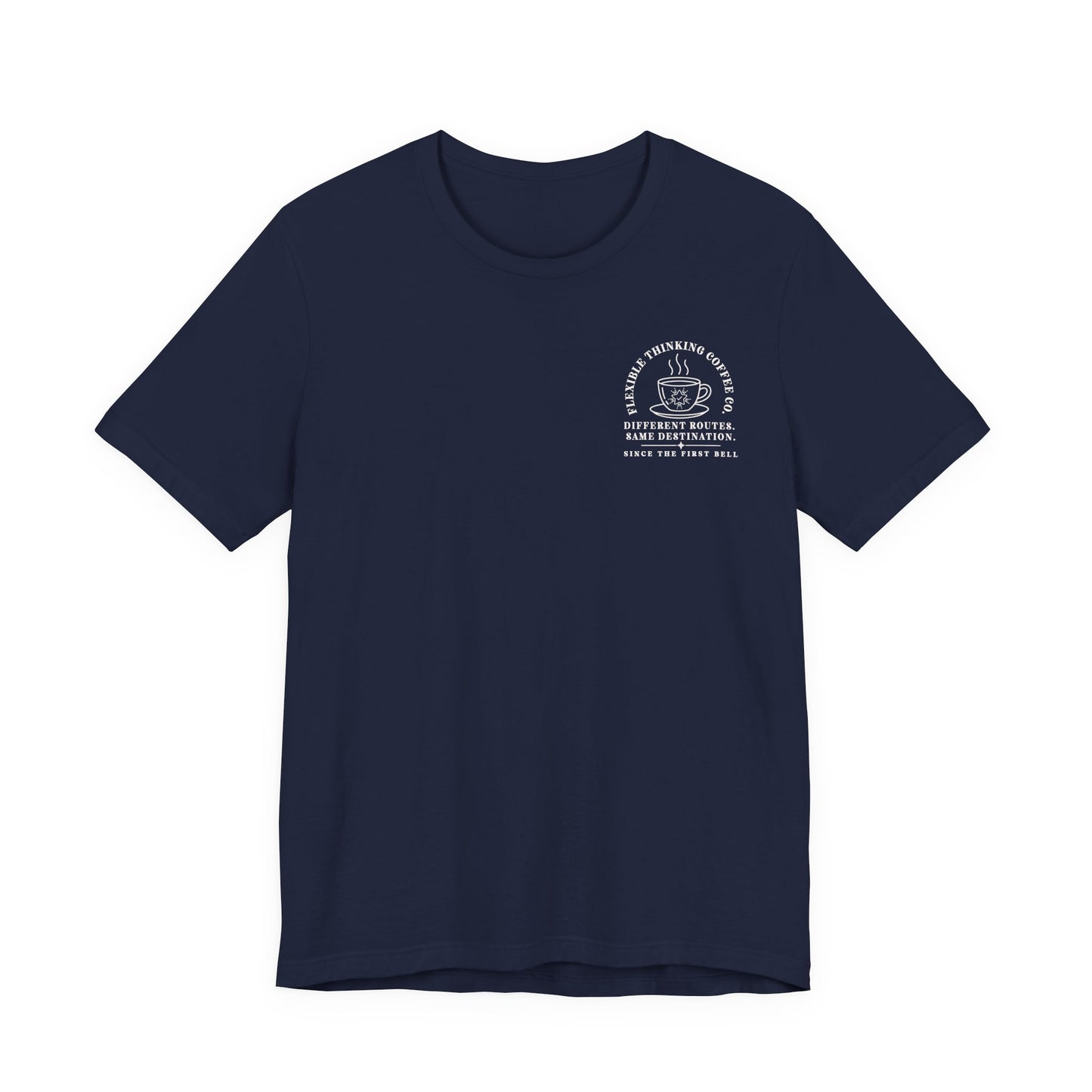 Bella + Canvas 3001 unisex t-shirt in Navy featuring a white pocket-style "Flexible Thinking Coffee Co." graphic with a steaming coffee cup and pencil icon. The design reads "Different Routes. Same Destination. Since the First Bell," making it a stylish educator shirt for special education teachers and coffee lovers.